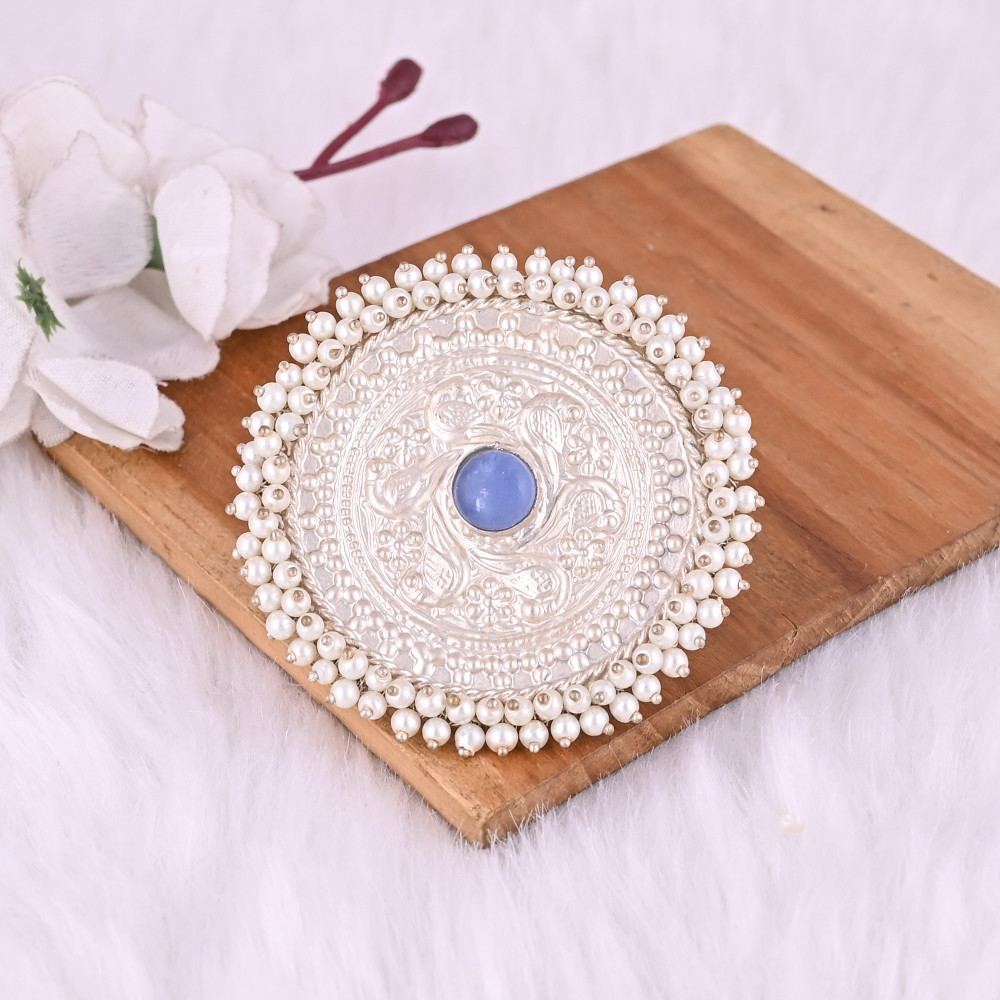 Image of Blue Chalcedony &amp; Pearl Gemstone Floral Design Boho Adjustable Big Ring