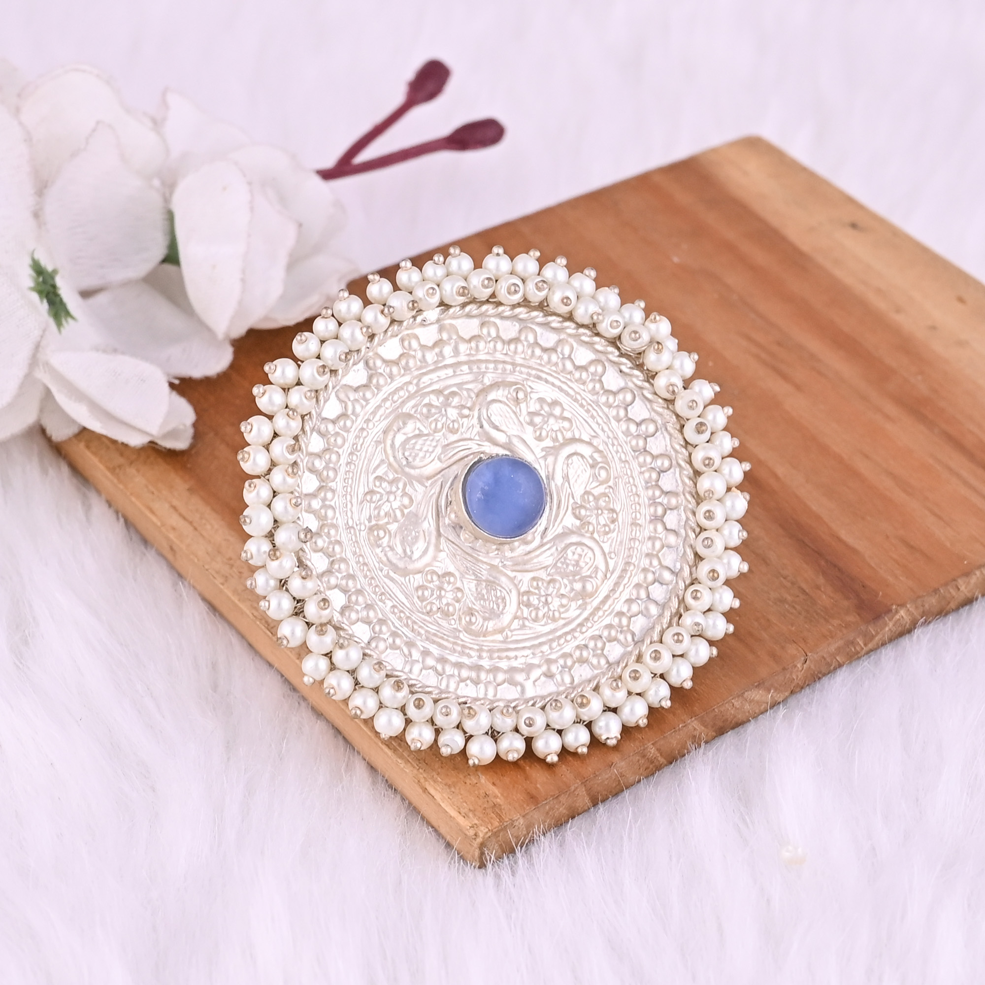 Blue Chalcedony  Pearl Gemstone Floral Design Boho Adjustable Big Ring