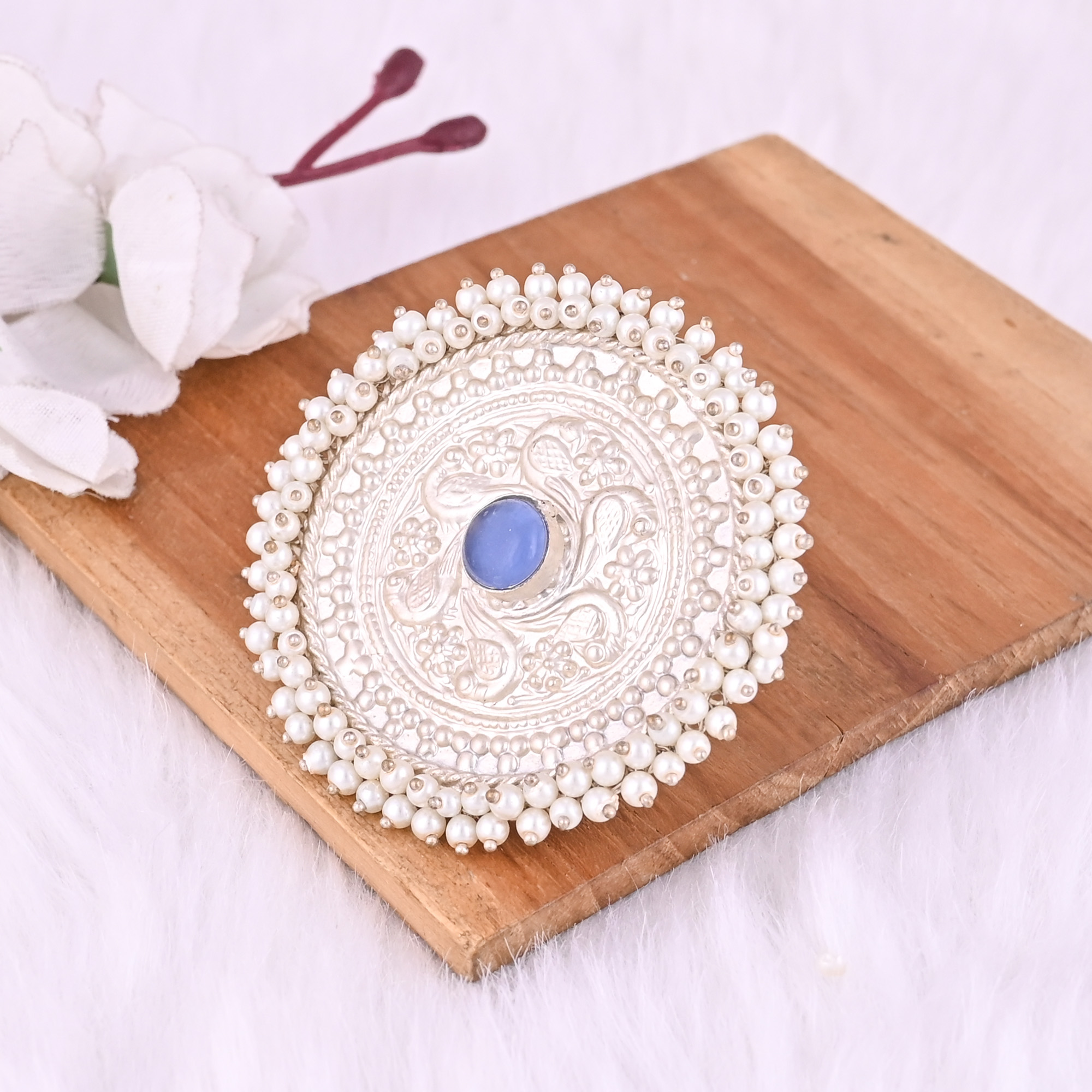 Blue Chalcedony Pearl Gemstone Floral Design Boho Adjustable Big Ring