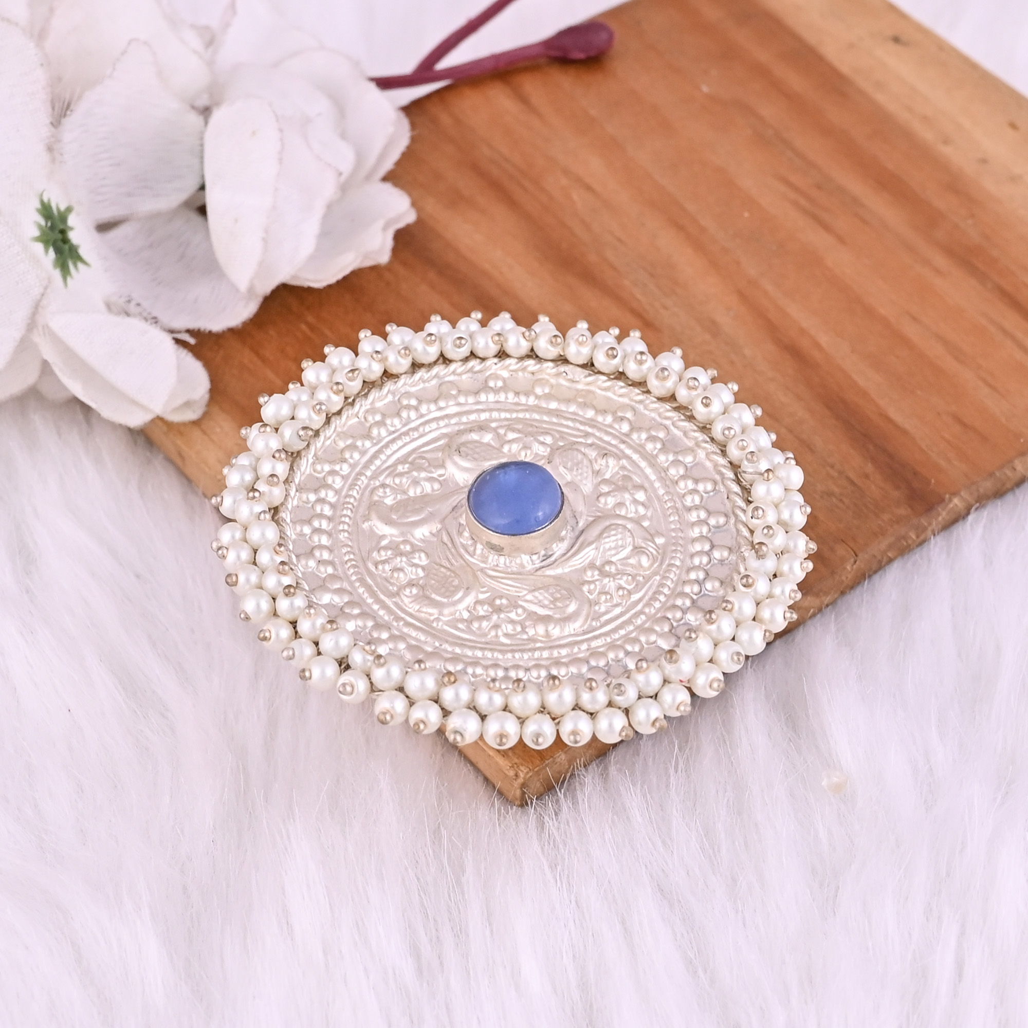Blue Chalcedony Pearl Gemstone Floral Design Boho Adjustable Big Ring