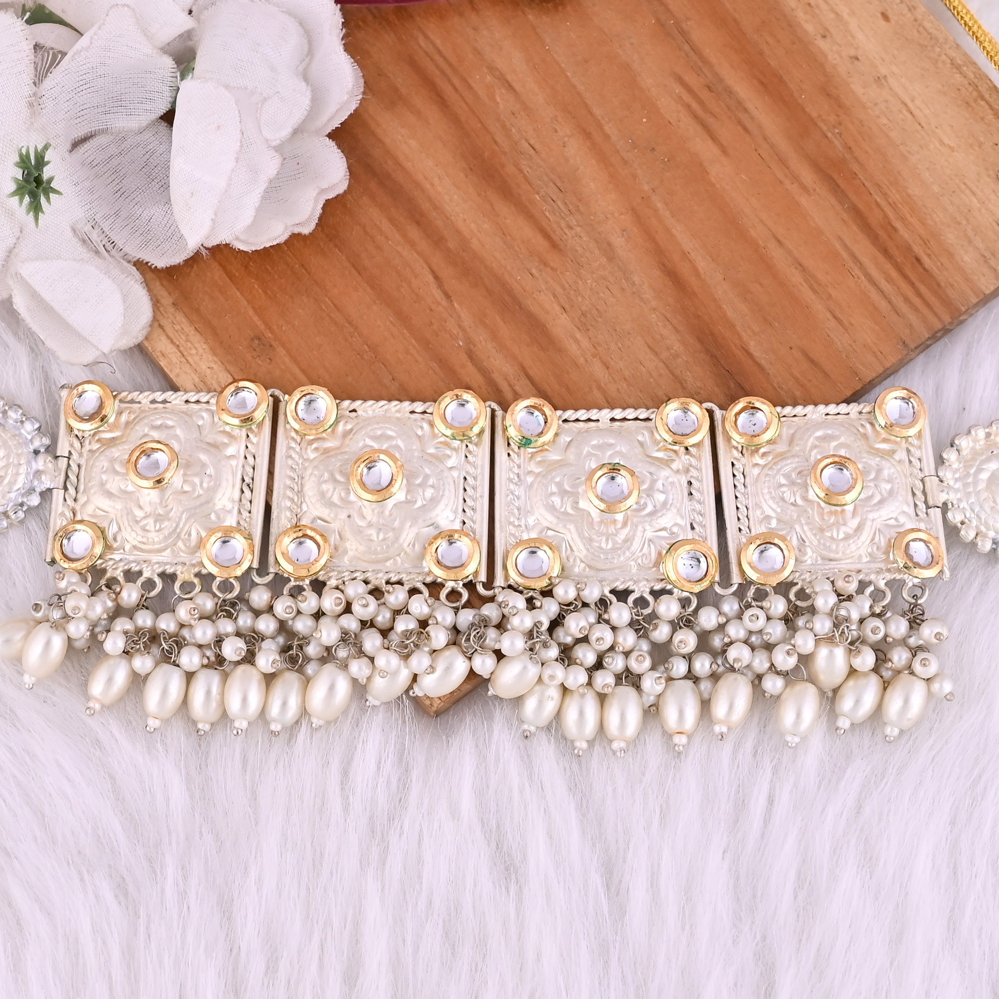 CZ  Kundan Pearl Stone Ethnic German Silver Choker Necklace