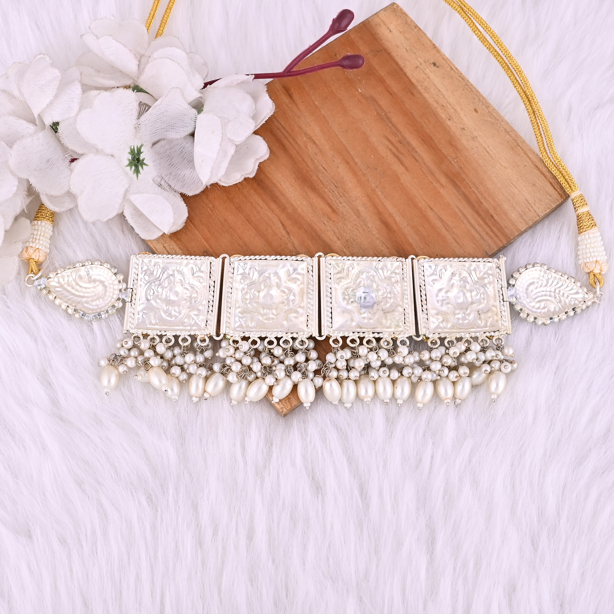 CZ  Kundan Pearl Stone Ethnic German Silver Choker Necklace