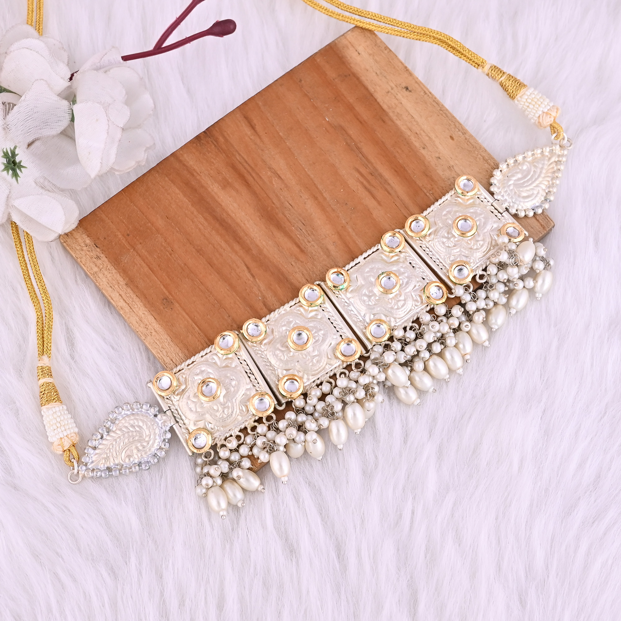 CZ  Kundan Pearl Stone Ethnic German Silver Choker Necklace