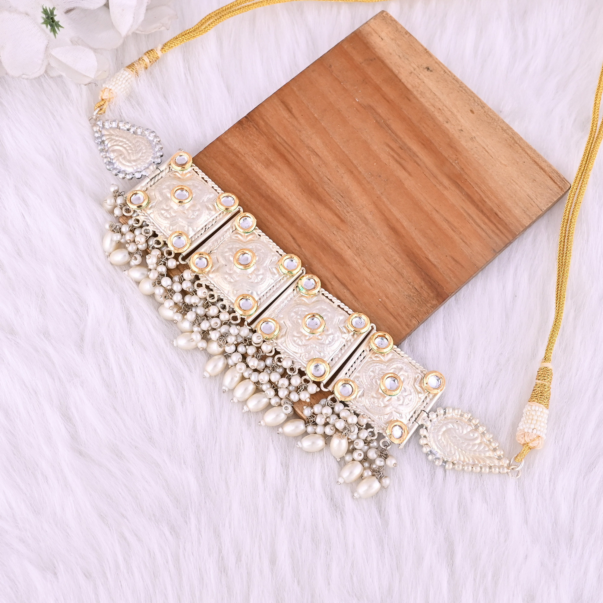 CZ  Kundan Pearl Stone Ethnic German Silver Choker Necklace