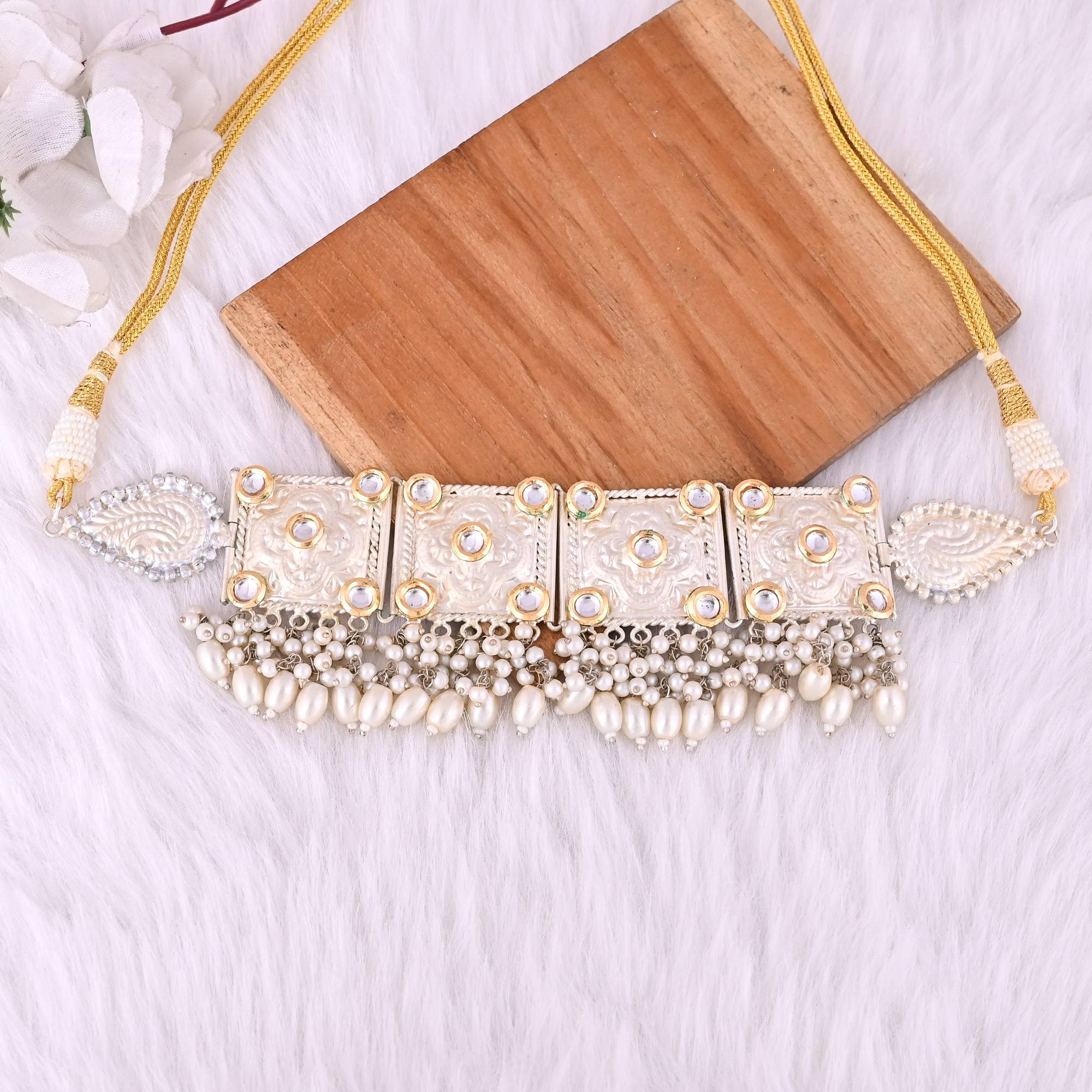 CZ  Kundan Pearl Stone Ethnic German Silver Choker Necklace