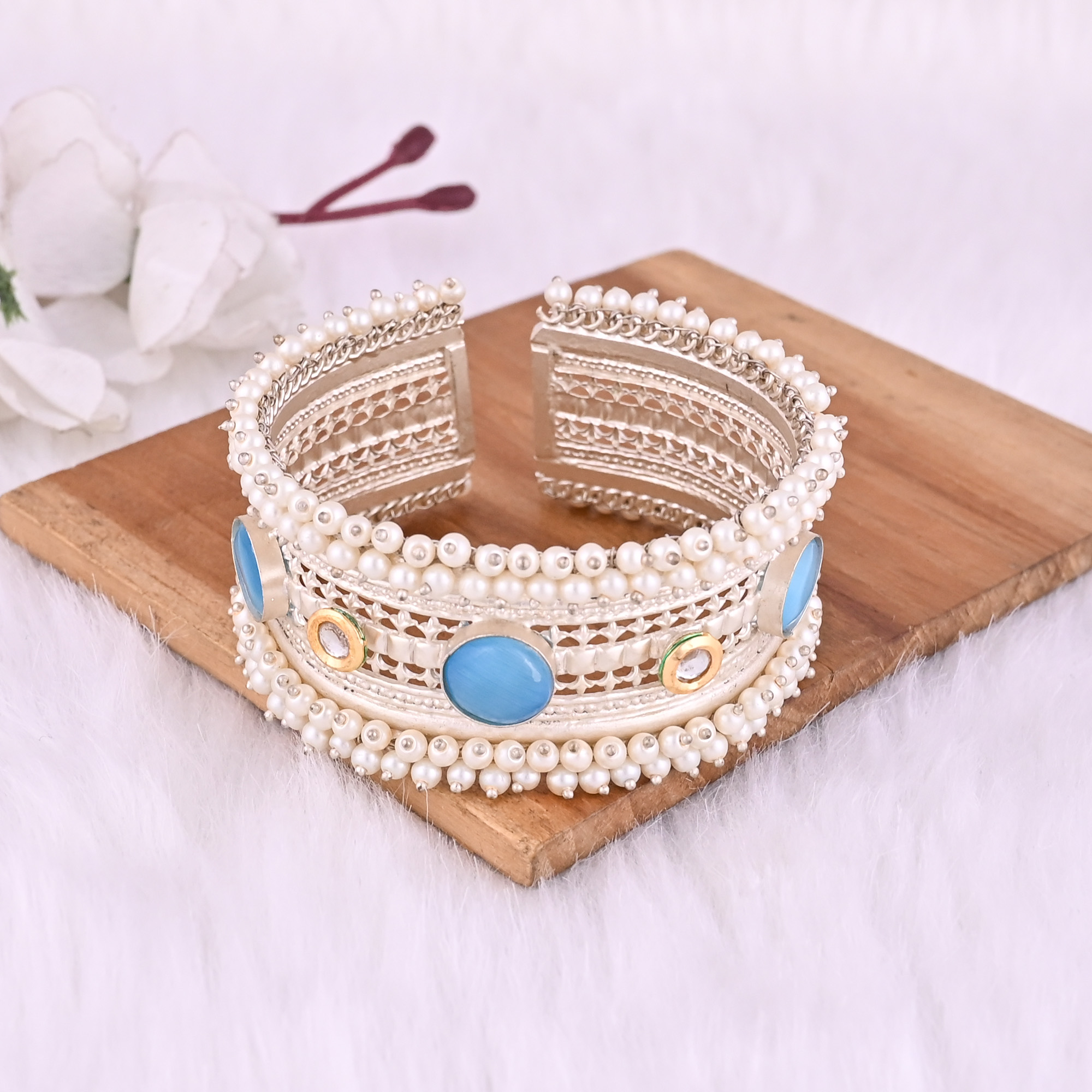 Blue Catseye Kundan Pearl Gemstone Ethnic Cuff Bracelet  German Silver Jewelry
