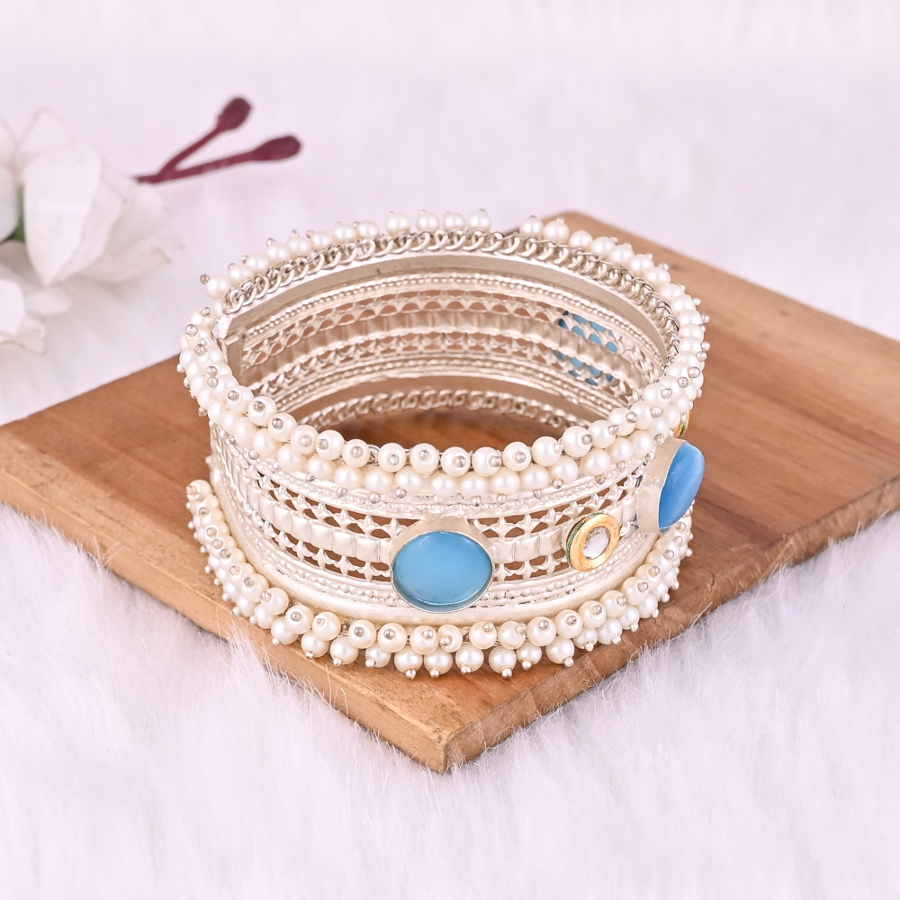 Image of Blue Cats'eye, Kundan, Pearl, Gemstone Ethnic Cuff Bracelet | German Silver Jewelry