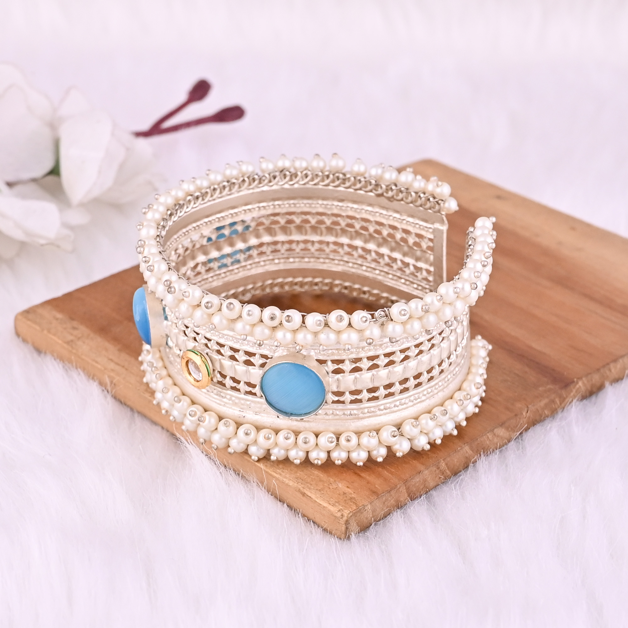Blue Catseye Kundan Pearl Gemstone Ethnic Cuff Bracelet German Silver Jewelry