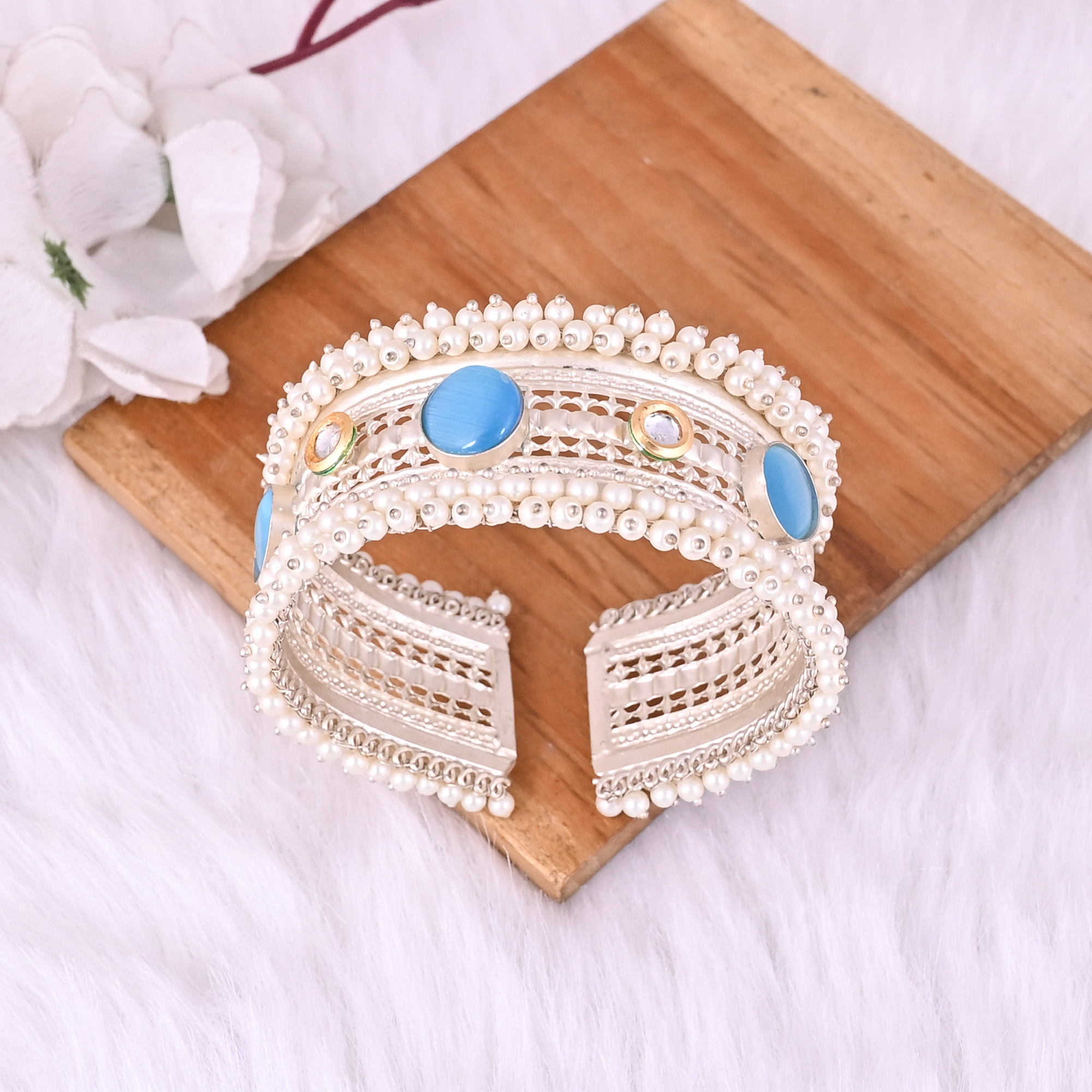 Blue Catseye Kundan Pearl Gemstone Ethnic Cuff Bracelet German Silver Jewelry