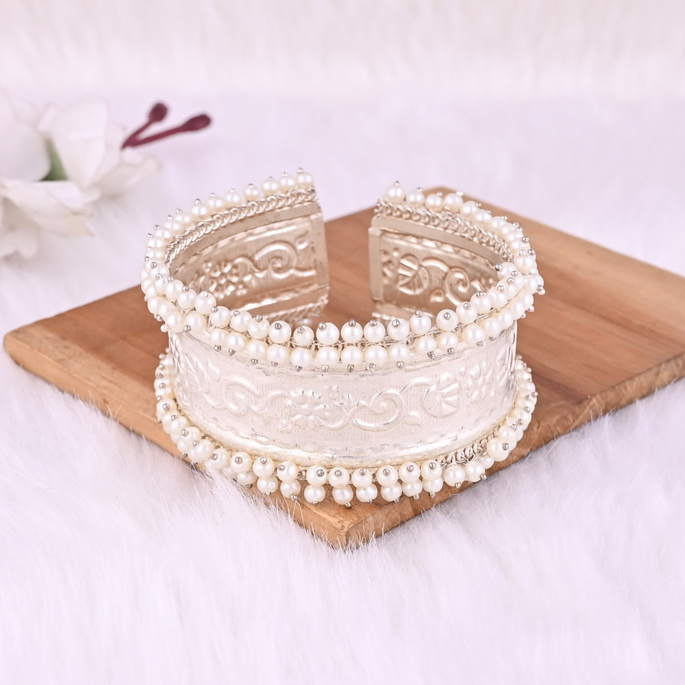 Image of Pearl Embellished Ethnic Cuff Bracelet | German Silver Traditional Indian Jewelry