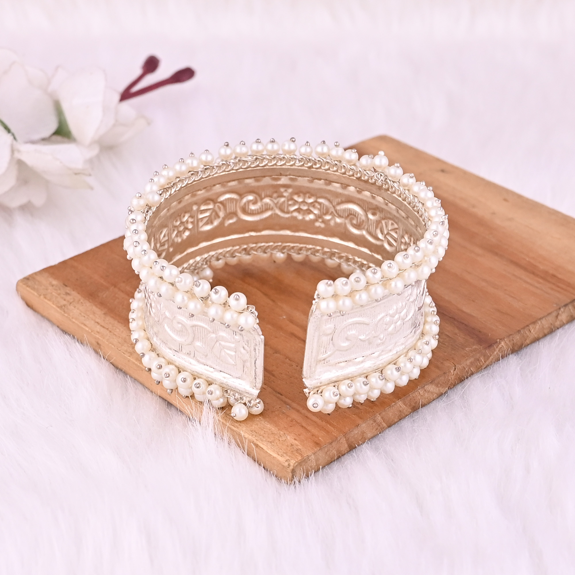 Pearl Embellished Ethnic Cuff Bracelet German Silver Traditional Indian Jewelry