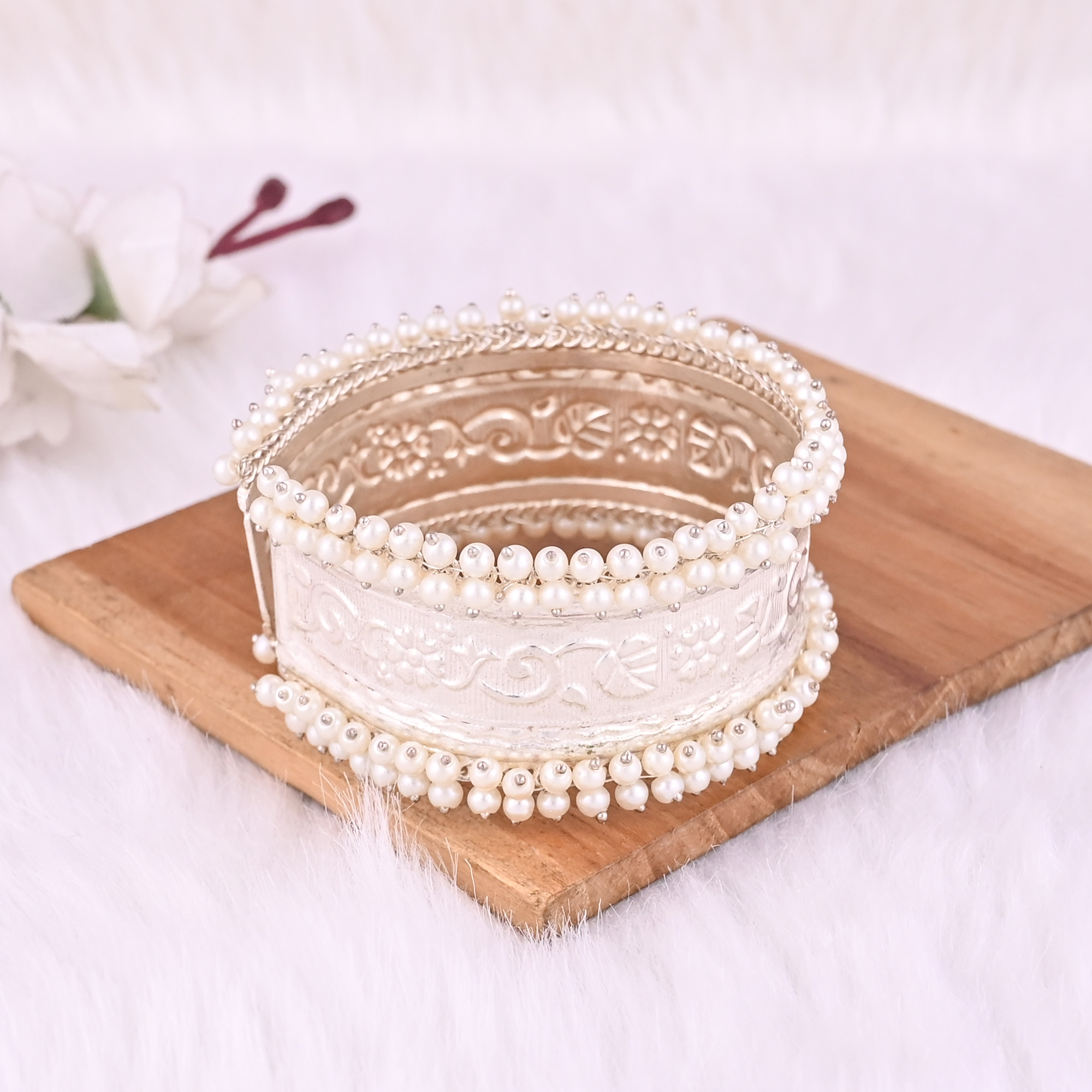 Pearl Embellished Ethnic Cuff Bracelet  German Silver Traditional Indian Jewelry