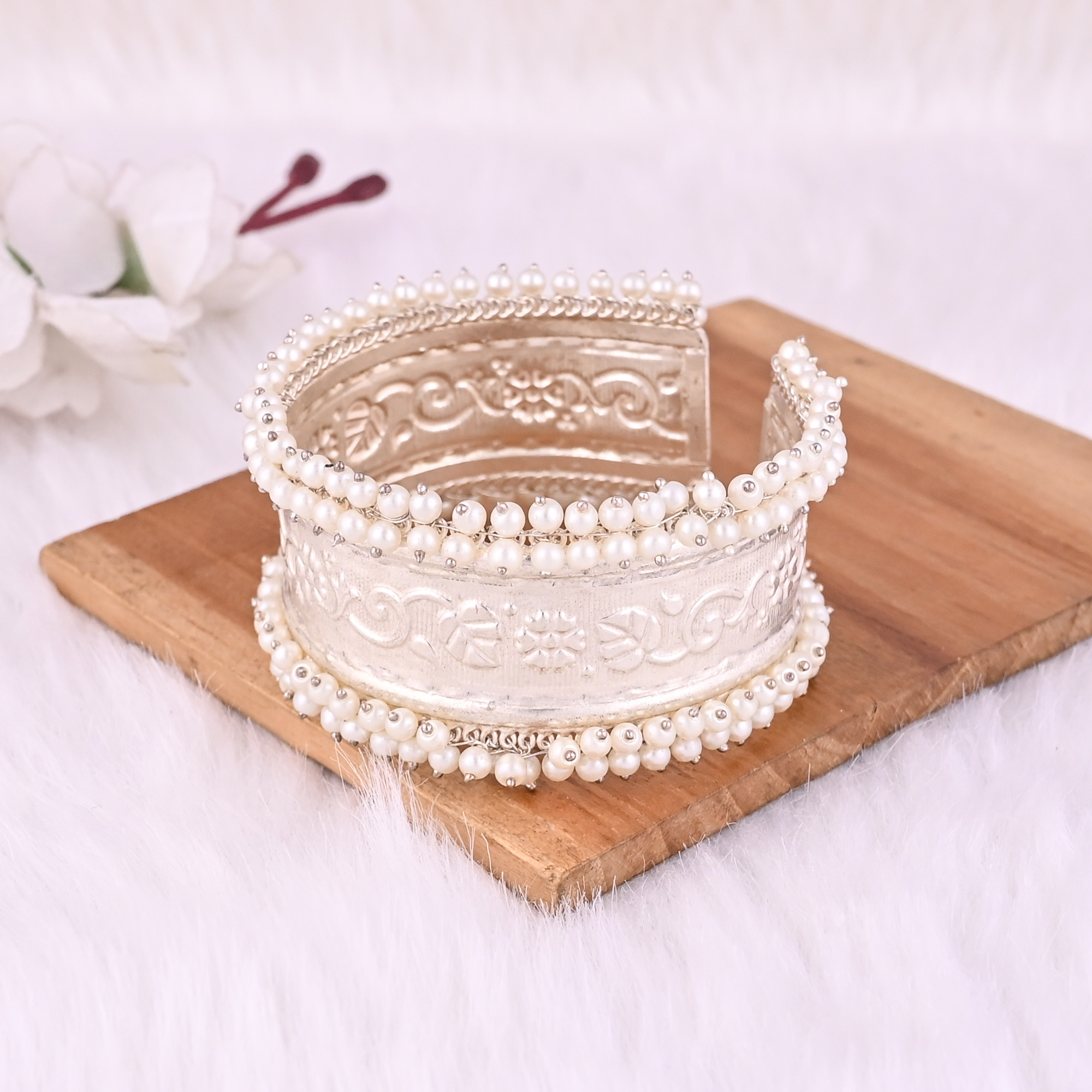 Pearl Embellished Ethnic Cuff Bracelet  German Silver Traditional Indian Jewelry