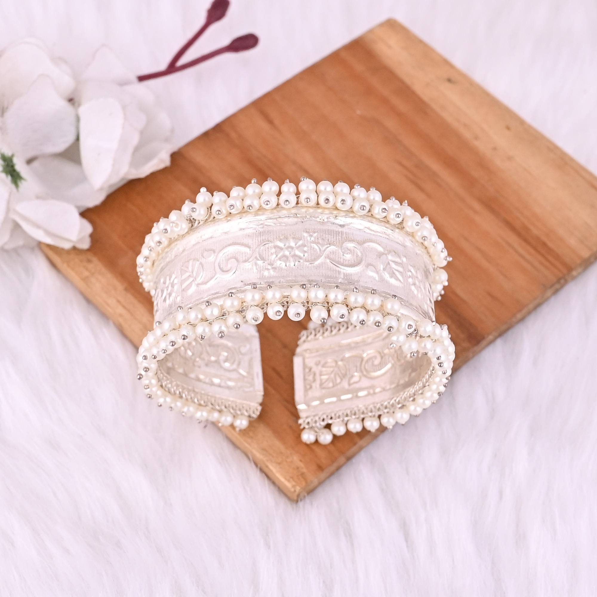 Pearl Embellished Ethnic Cuff Bracelet  German Silver Traditional Indian Jewelry
