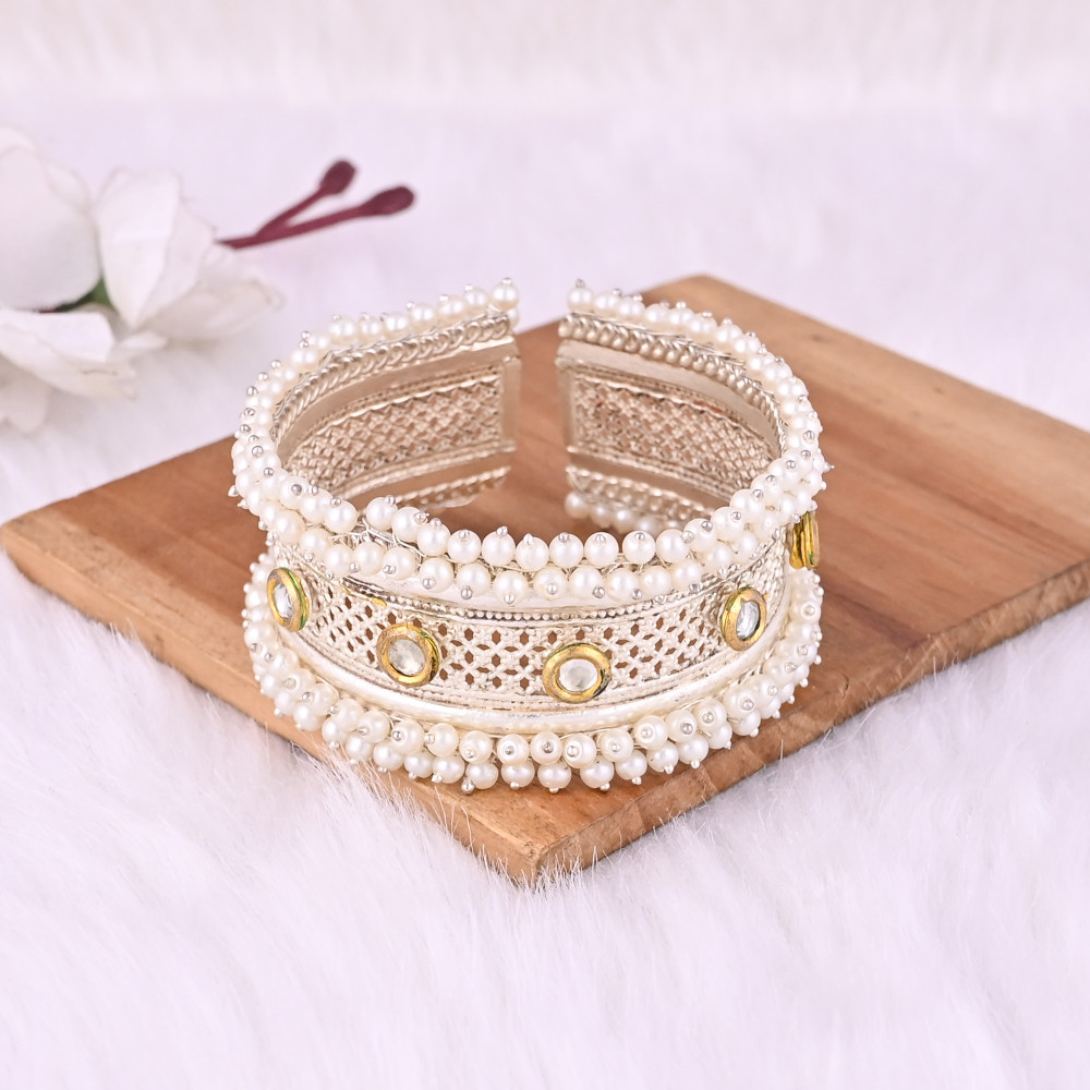 Image of Kundan,Pearl Gemstone Ethnic Cuff Bracelet | German Silver Jewelry