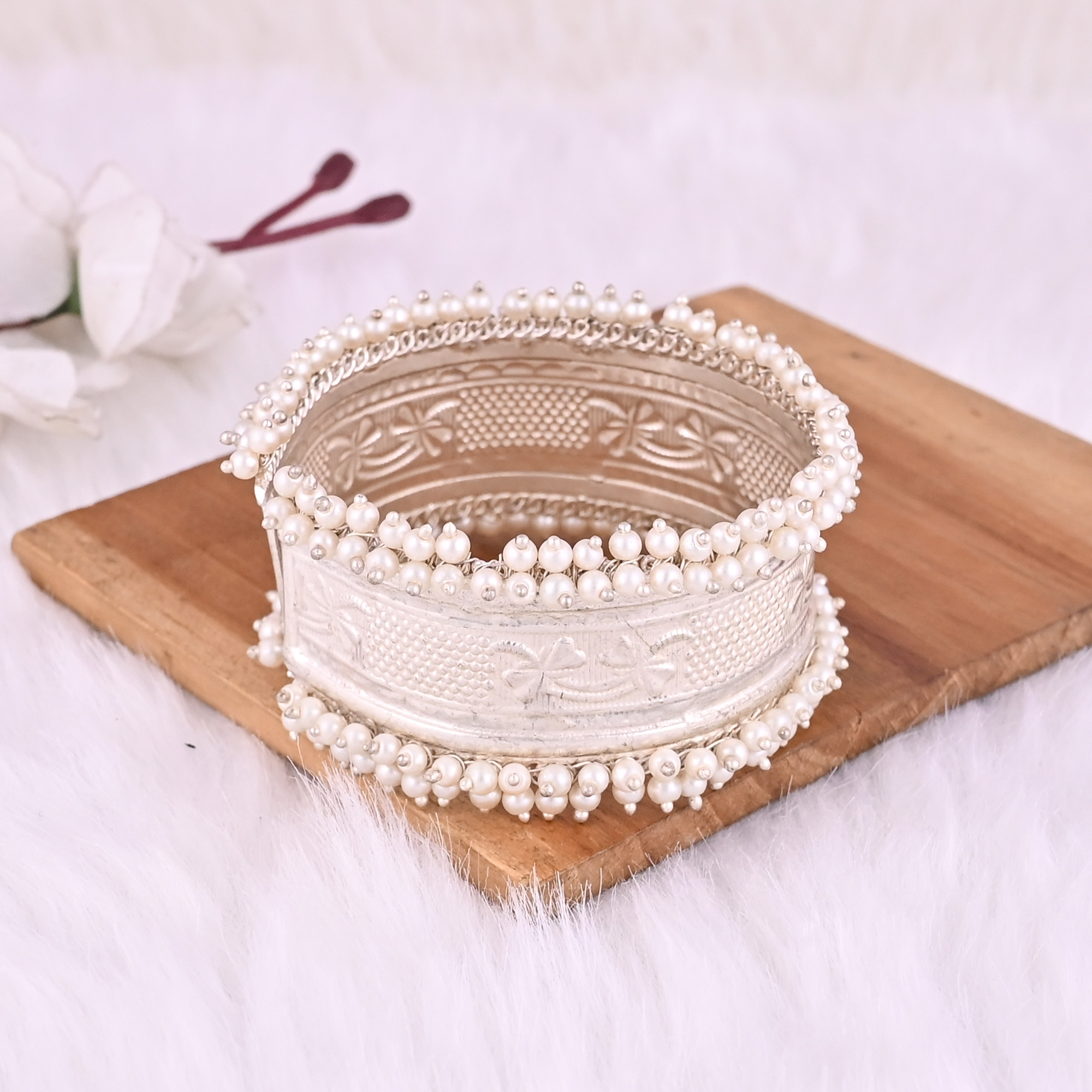 Pearl Embellished Ethnic Cuff Bracelet  German Silver Traditional Indian Jewelry