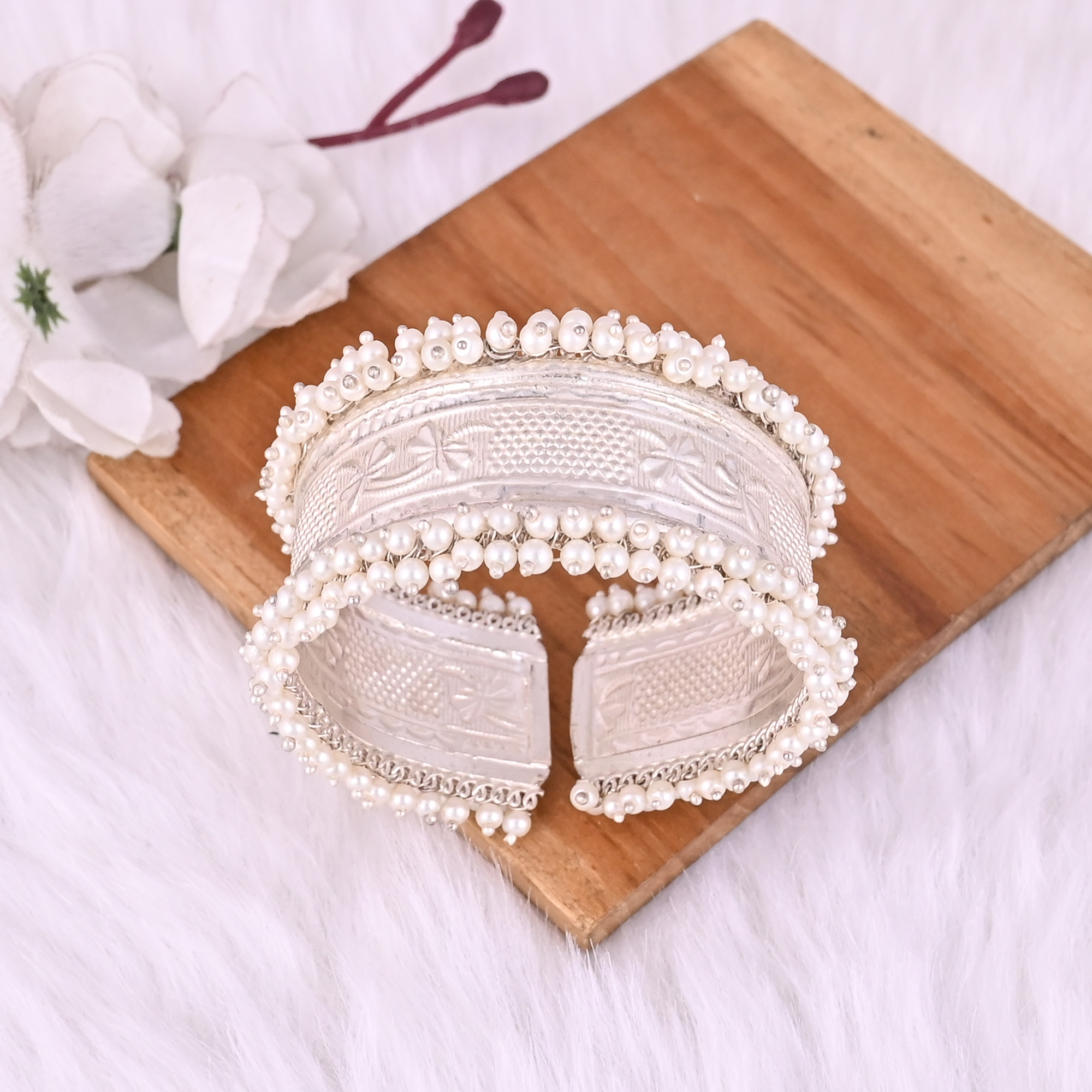 Pearl Embellished Ethnic Cuff Bracelet German Silver Traditional Indian Jewelry
