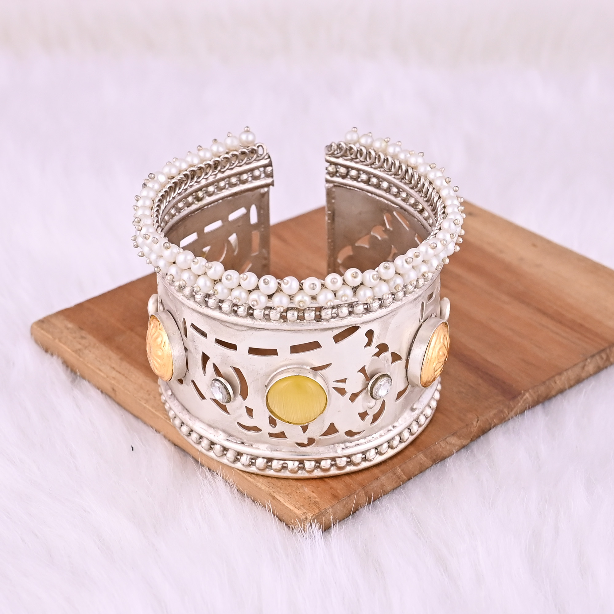 Yellow Catseye CZ  Pearl Stone Ethnic Cuff Bracelet  German Silver