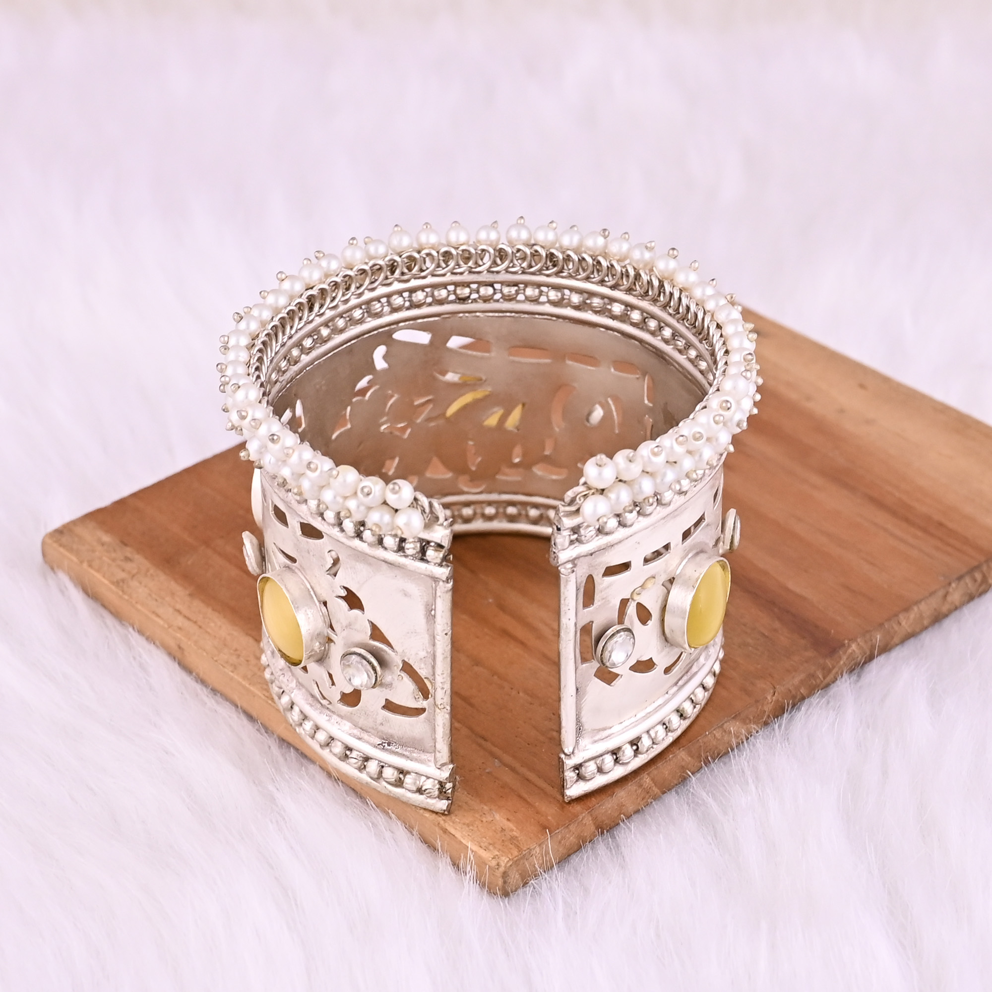 Yellow Catseye CZ Pearl Stone Ethnic Cuff Bracelet German Silver