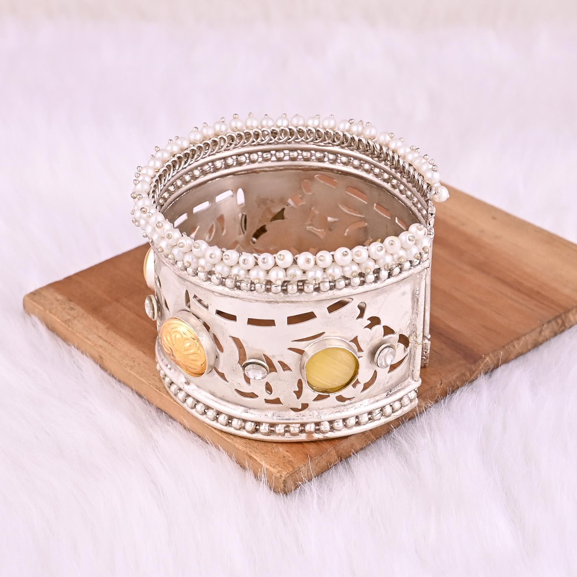 Yellow Catseye CZ  Pearl Stone Ethnic Cuff Bracelet  German Silver