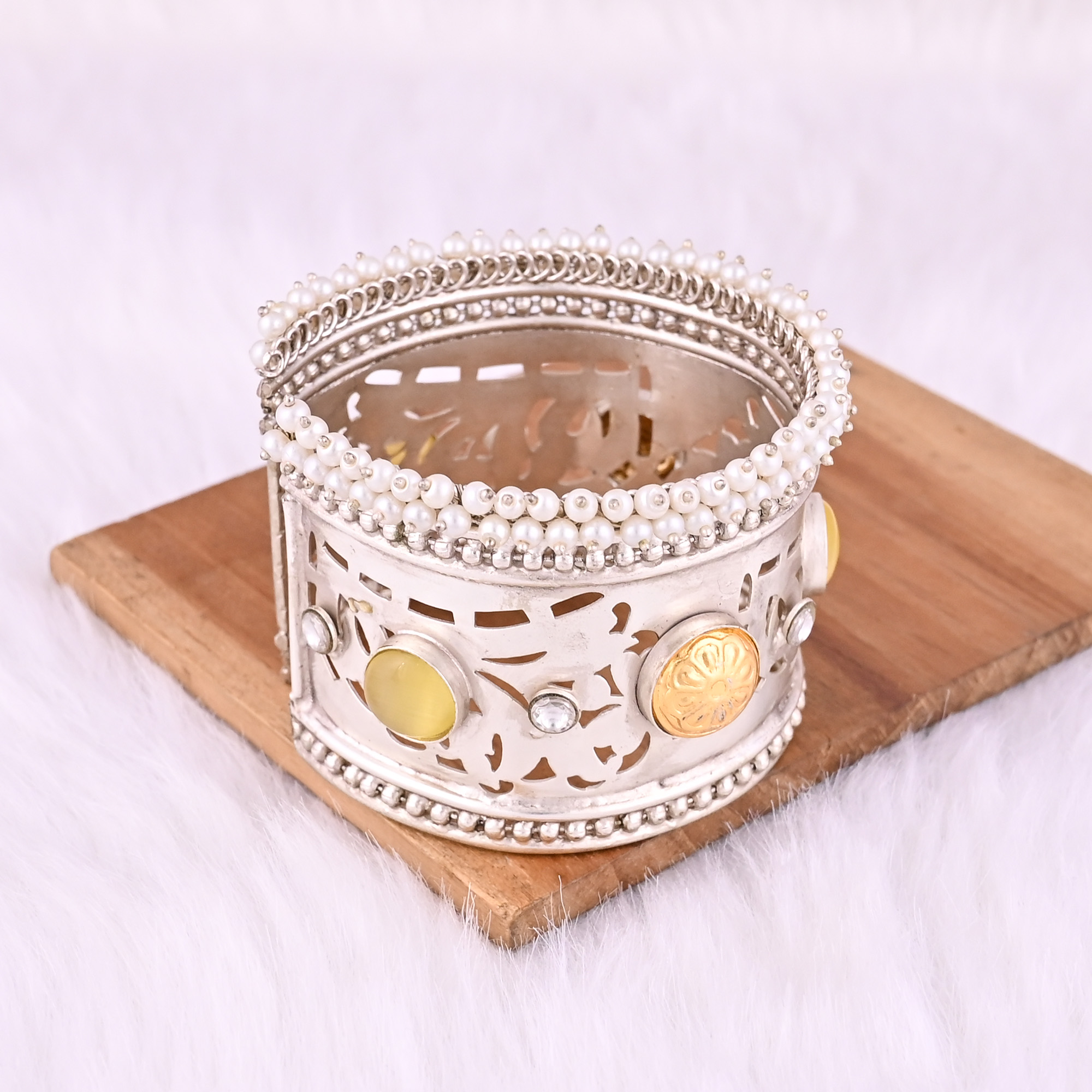 Yellow Catseye CZ Pearl Stone Ethnic Cuff Bracelet German Silver