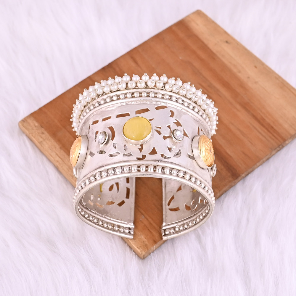Image of Yellow Cat'seye, CZ,  Pearl Stone Ethnic Cuff Bracelet | German Silver