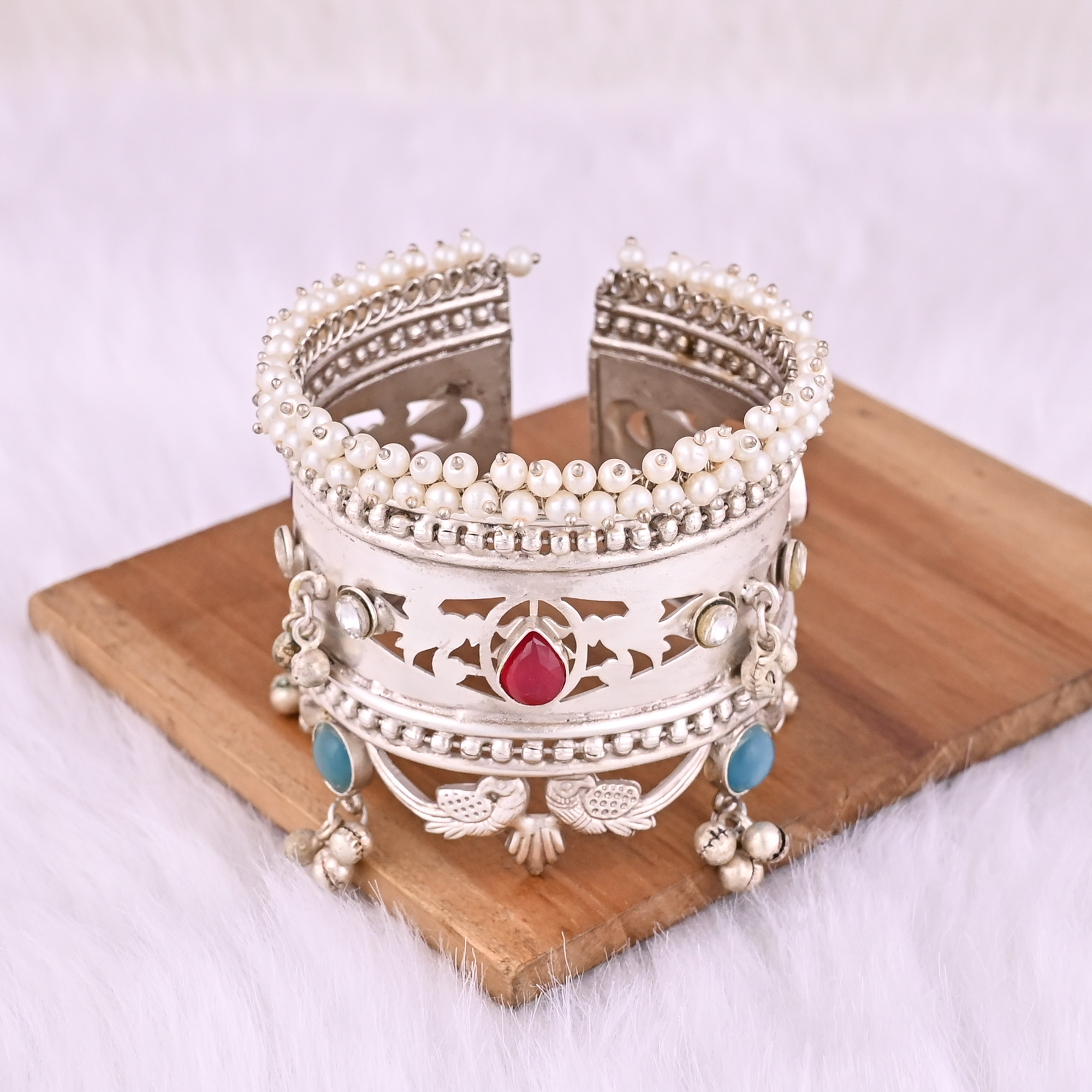 Blue Catseye Red Hydro CZ Pearl Gemstone Ethnic Cuff Bracelet German Silver Jewelry