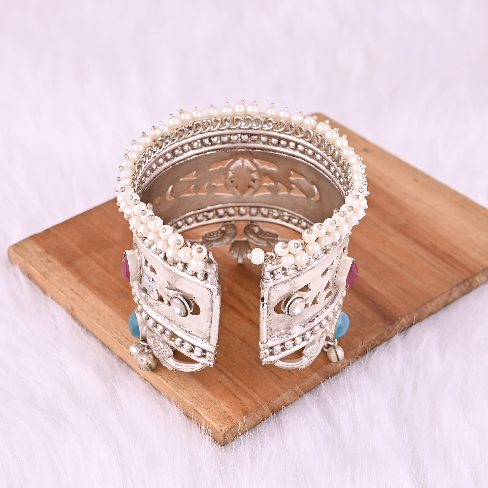 Blue Catseye Red Hydro CZ Pearl Gemstone Ethnic Cuff Bracelet  German Silver Jewelry