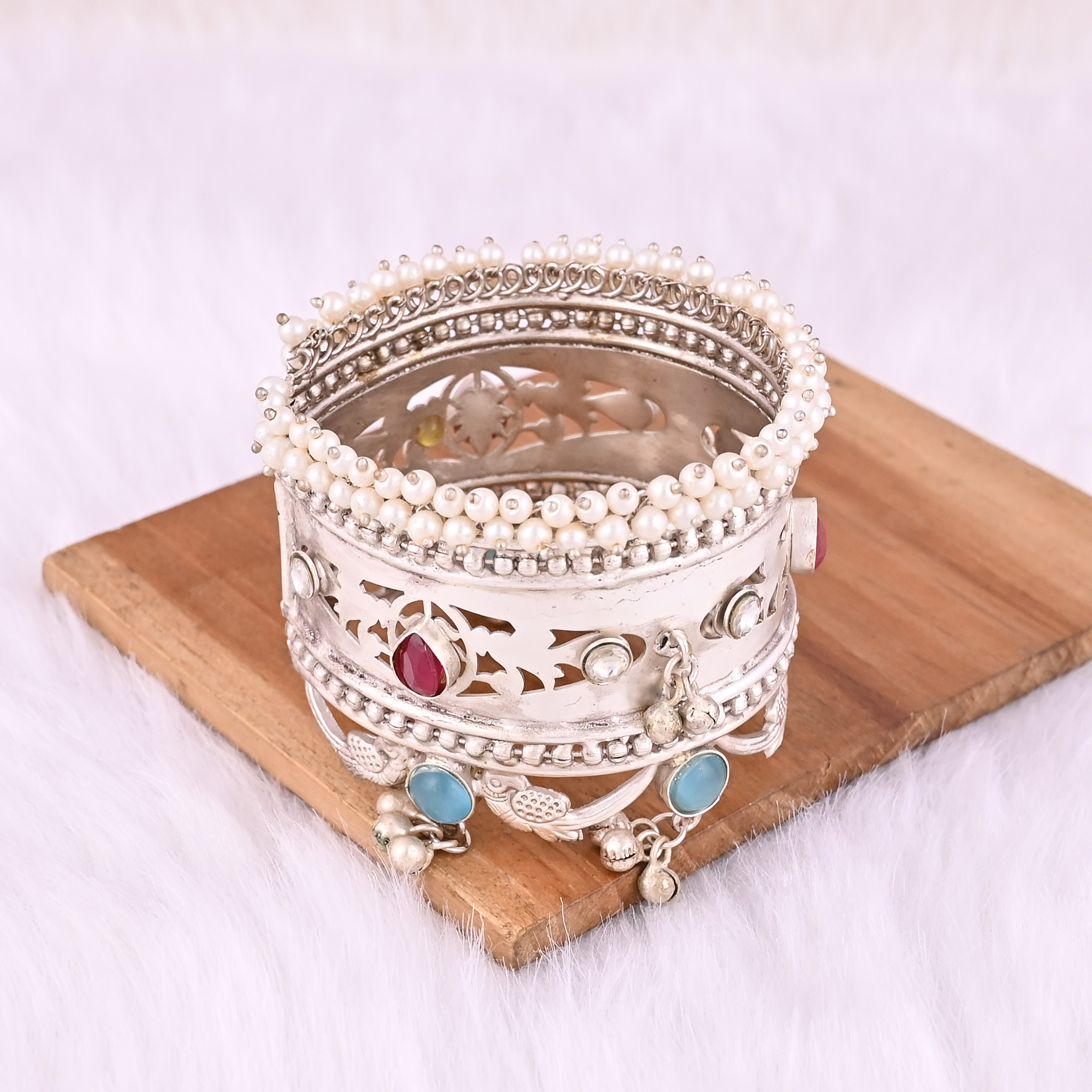 Blue Catseye Red Hydro CZ Pearl Gemstone Ethnic Cuff Bracelet German Silver Jewelry
