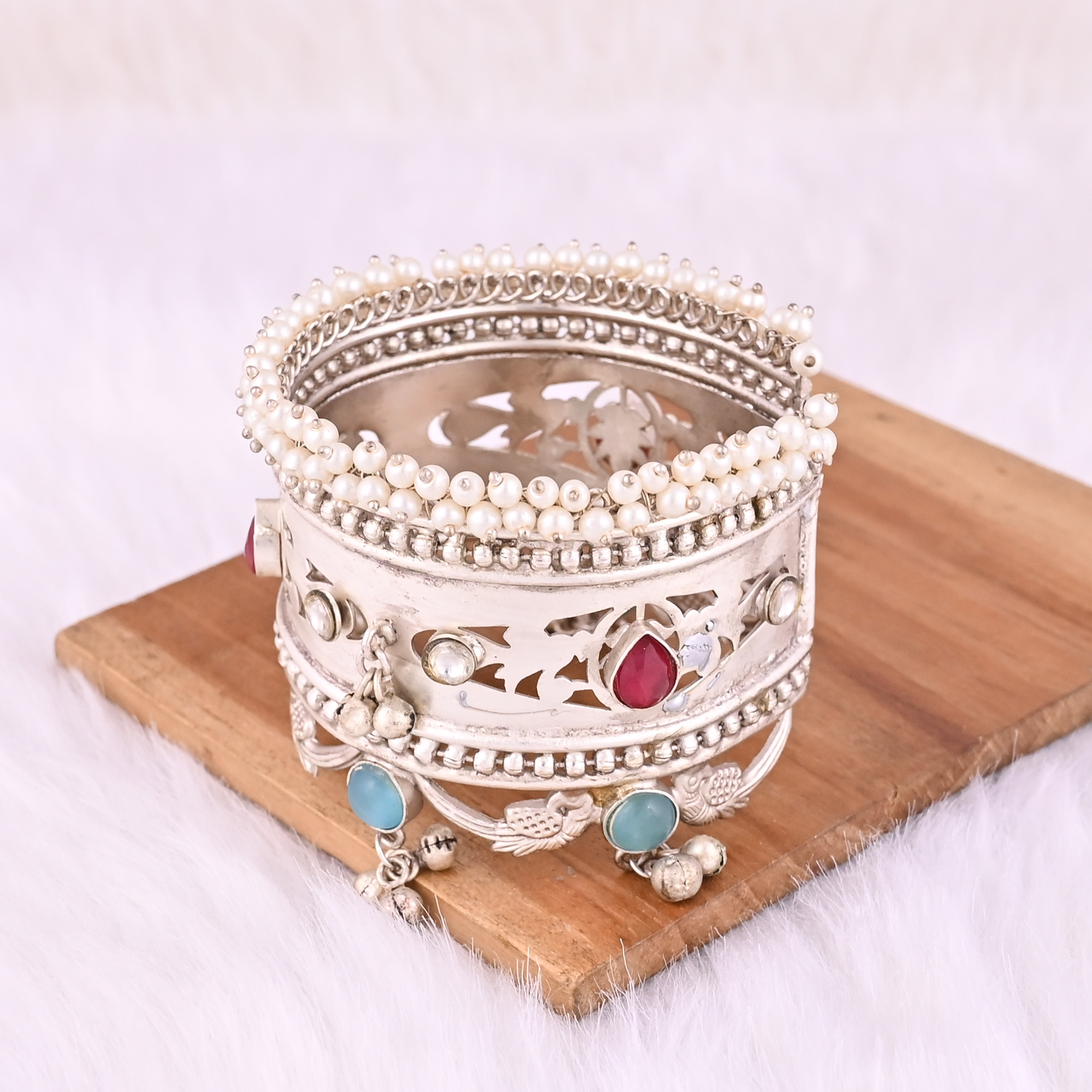Blue Catseye Red Hydro CZ Pearl Gemstone Ethnic Cuff Bracelet German Silver Jewelry