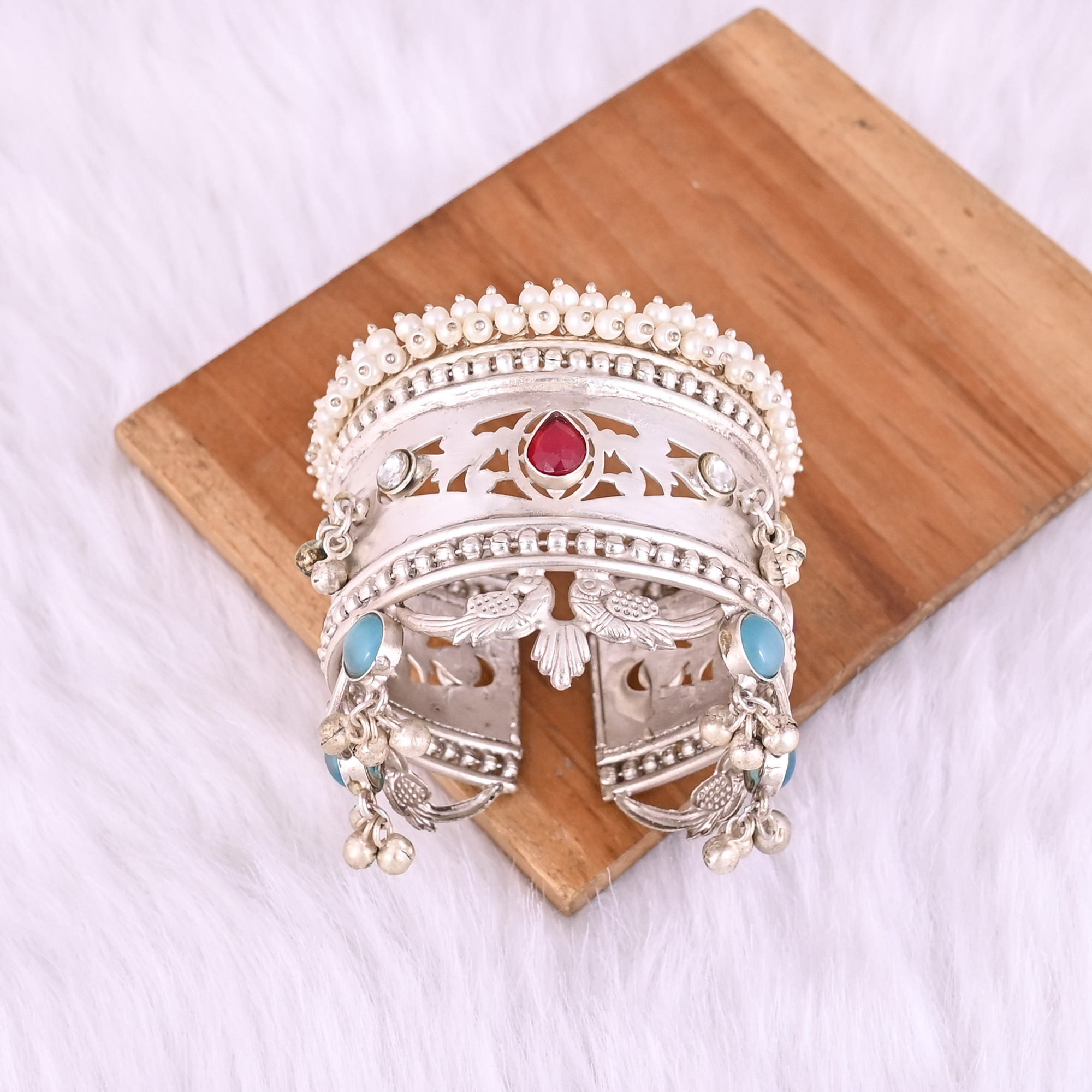 Blue Catseye Red Hydro CZ Pearl Gemstone Ethnic Cuff Bracelet German Silver Jewelry