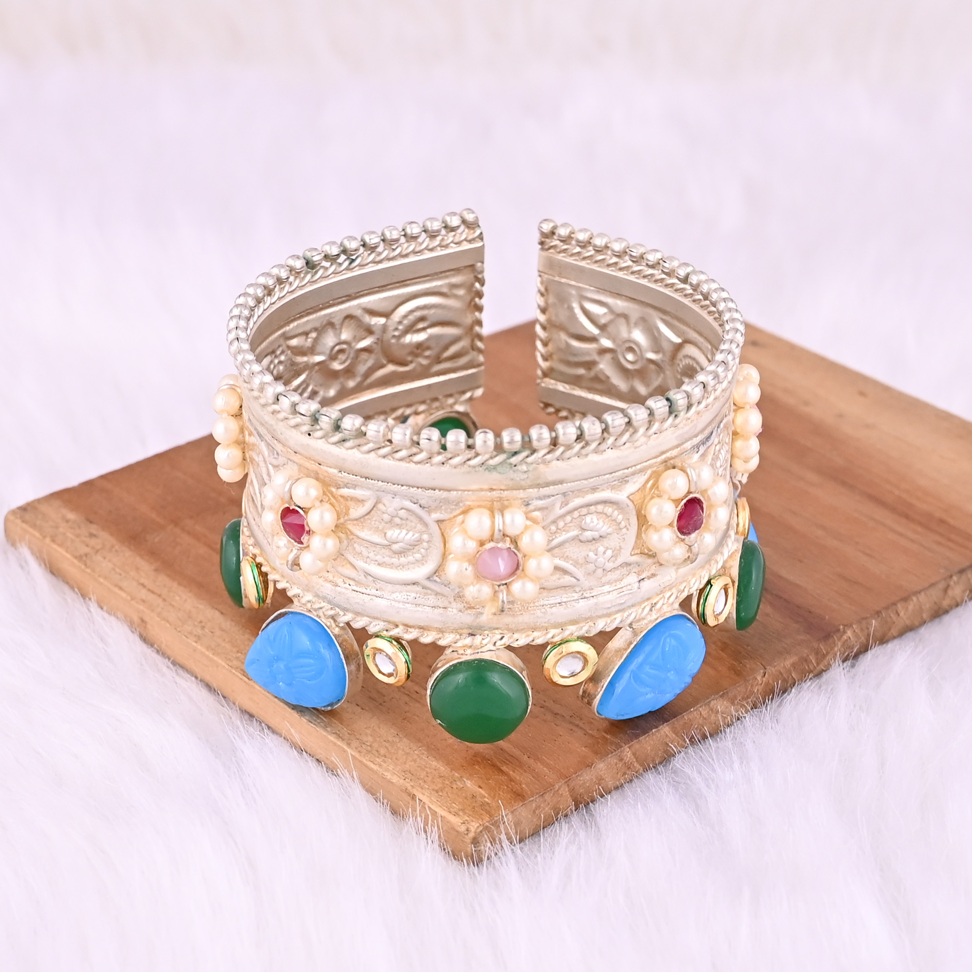 Green Onyx CZ Pink Hydro Red Hydro Blue Chalcedony Pearl Stone Ethnic Cuff Bracelet German Silver