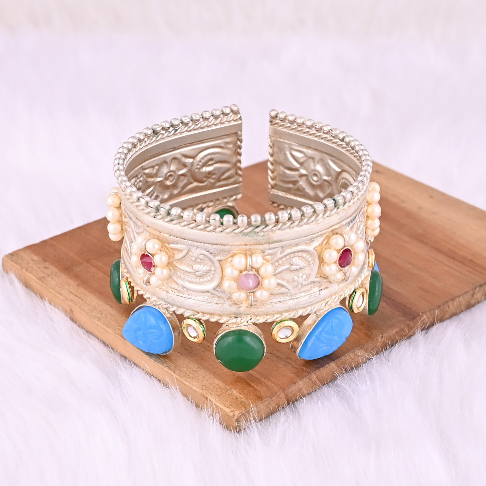 Image of Green Onyx, CZ, Pink Hydro, Red Hydro, Blue Chalcedony, Pearl Stone Ethnic Cuff Bracelet | German Silver