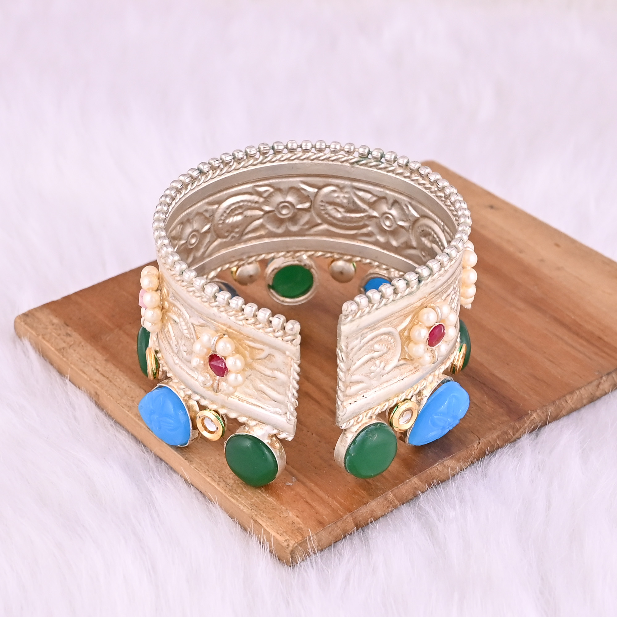 Green Onyx CZ Pink Hydro Red Hydro Blue Chalcedony Pearl Stone Ethnic Cuff Bracelet German Silver