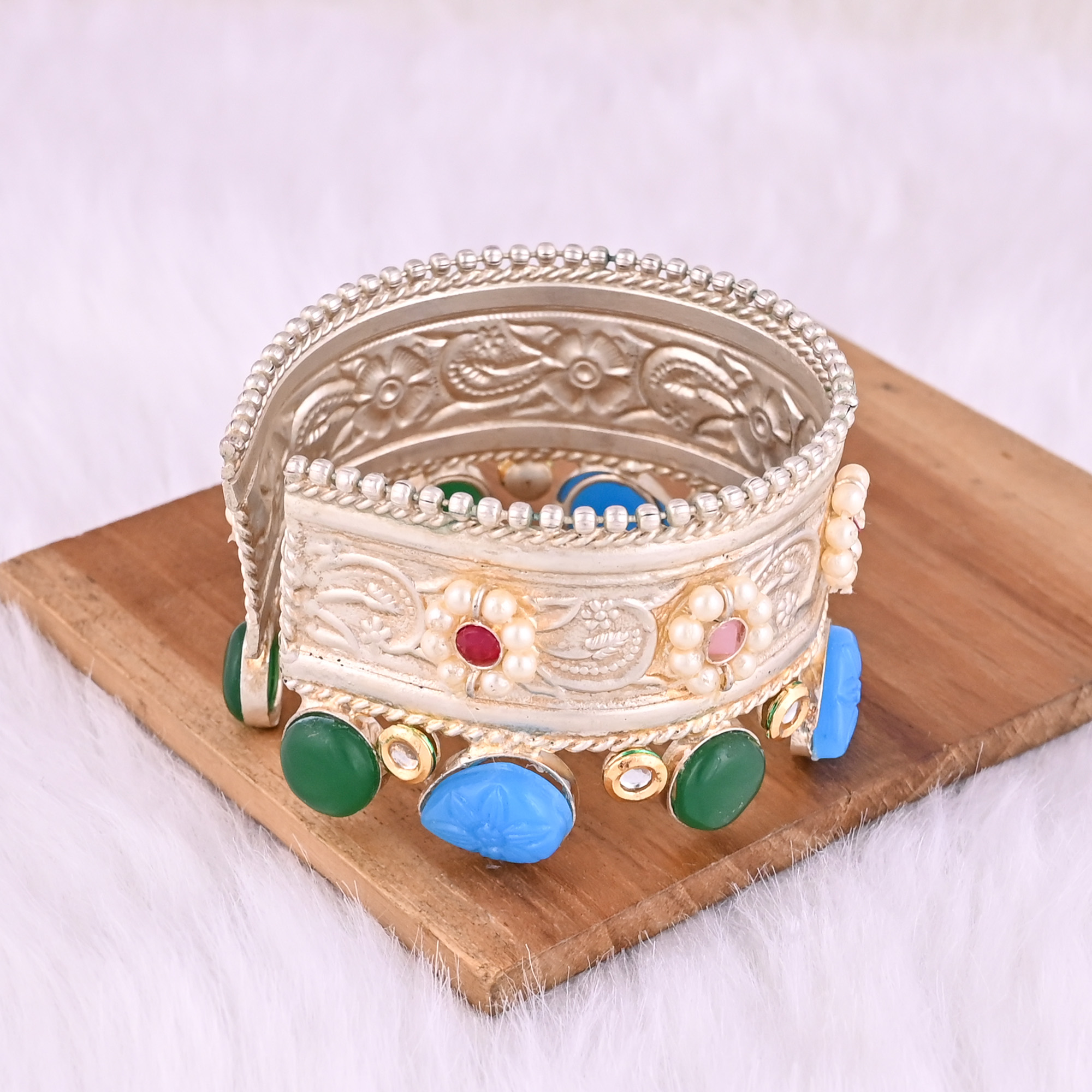 Green Onyx CZ Pink Hydro Red Hydro Blue Chalcedony Pearl Stone Ethnic Cuff Bracelet German Silver