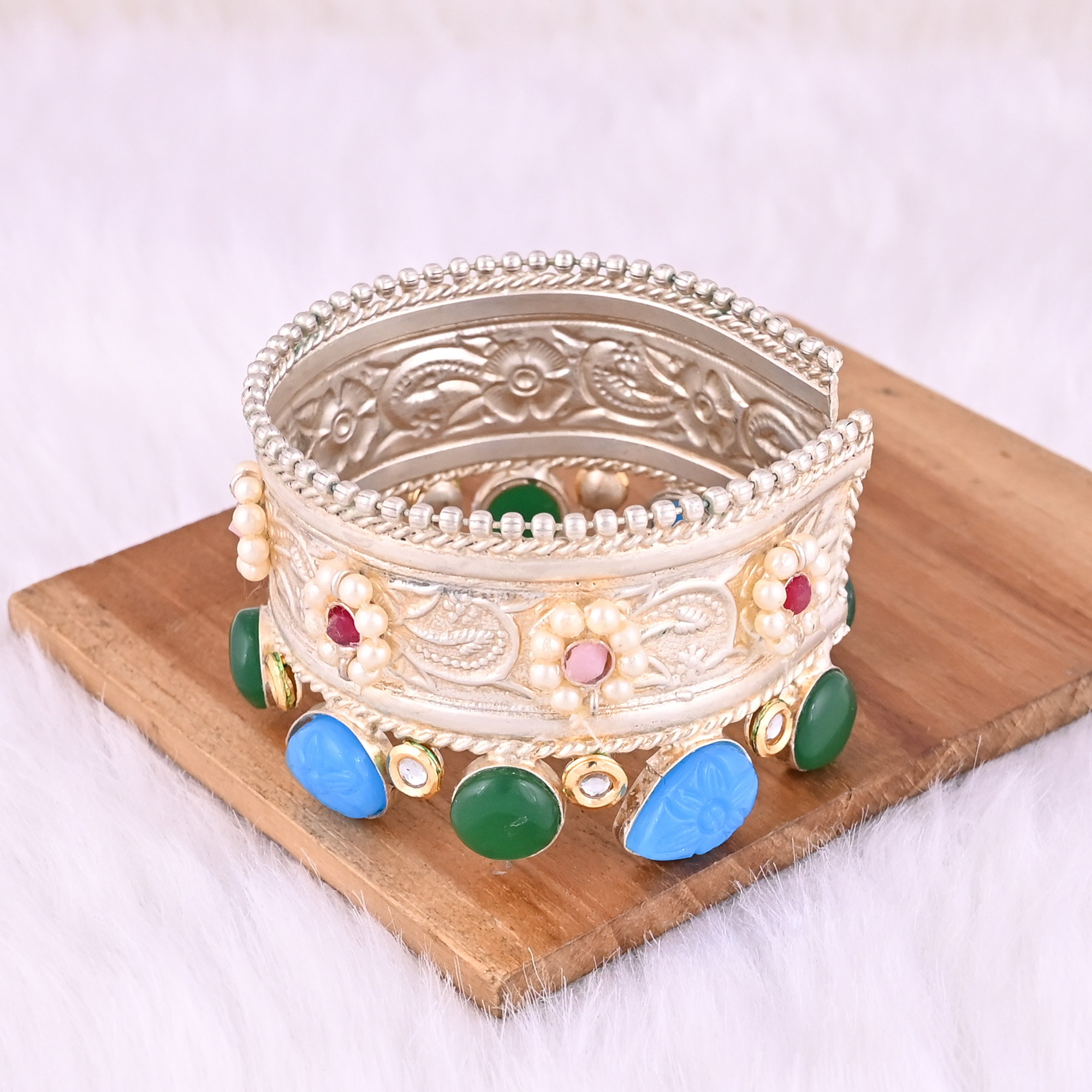 Green Onyx CZ Pink Hydro Red Hydro Blue Chalcedony Pearl Stone Ethnic Cuff Bracelet  German Silver