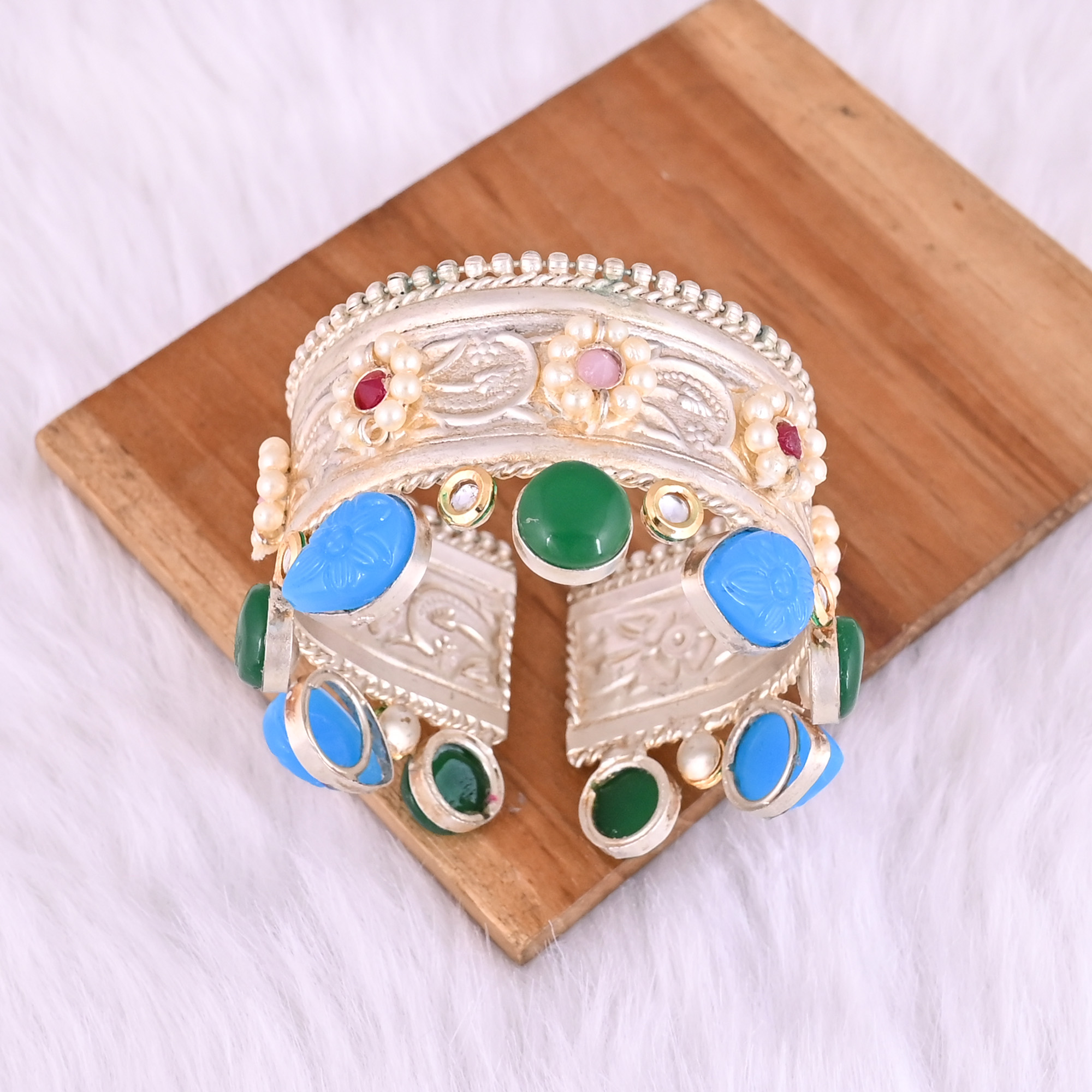 Green Onyx CZ Pink Hydro Red Hydro Blue Chalcedony Pearl Stone Ethnic Cuff Bracelet German Silver