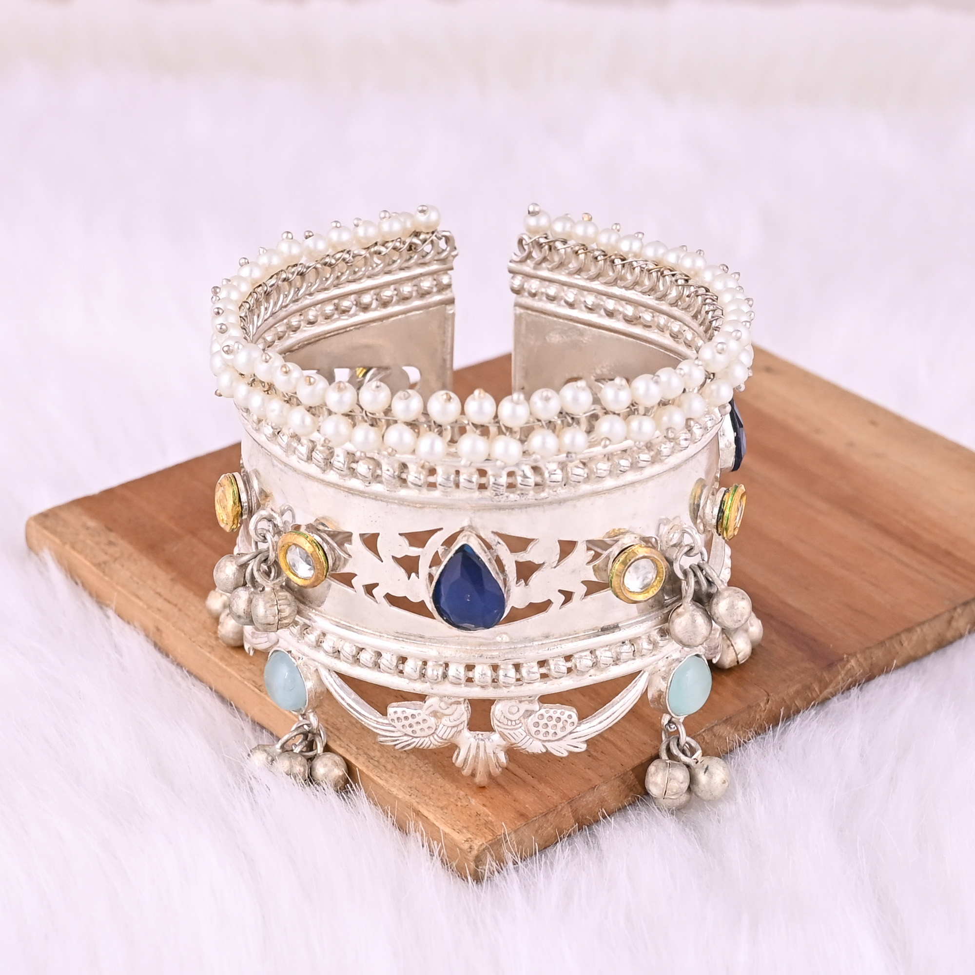 Blue Catseye Kundan Pearl Blue Hydro Gemstone Ethnic Cuff Bracelet German Silver Jewelry