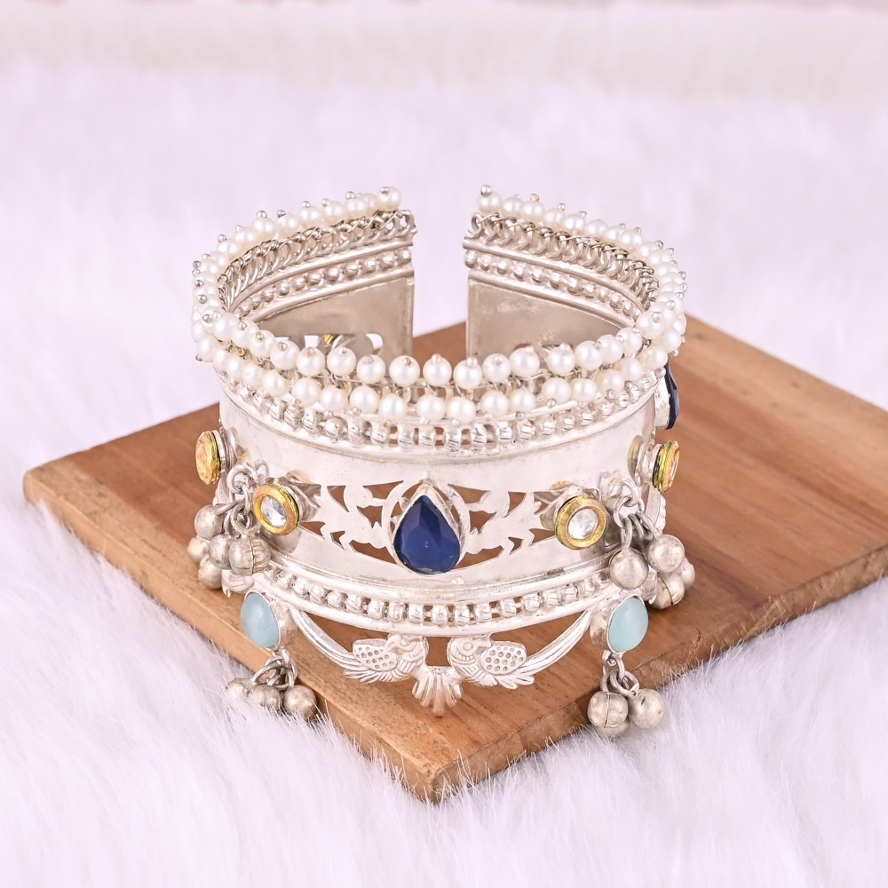 Image of Blue Cats'eye, Kundan, Pearl, Blue Hydro  Gemstone Ethnic Cuff Bracelet | German Silver Jewelry
