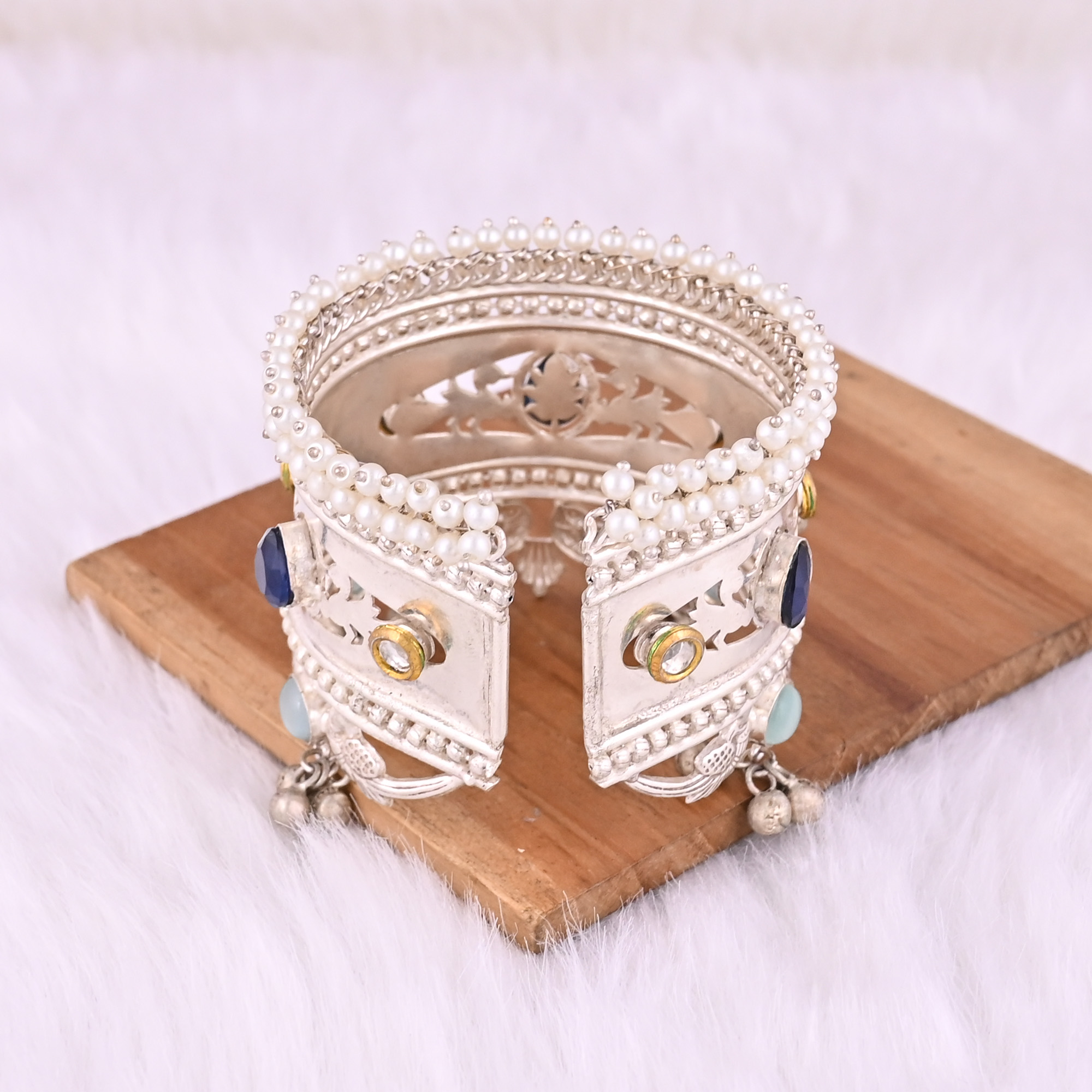 Blue Catseye Kundan Pearl Blue Hydro Gemstone Ethnic Cuff Bracelet German Silver Jewelry