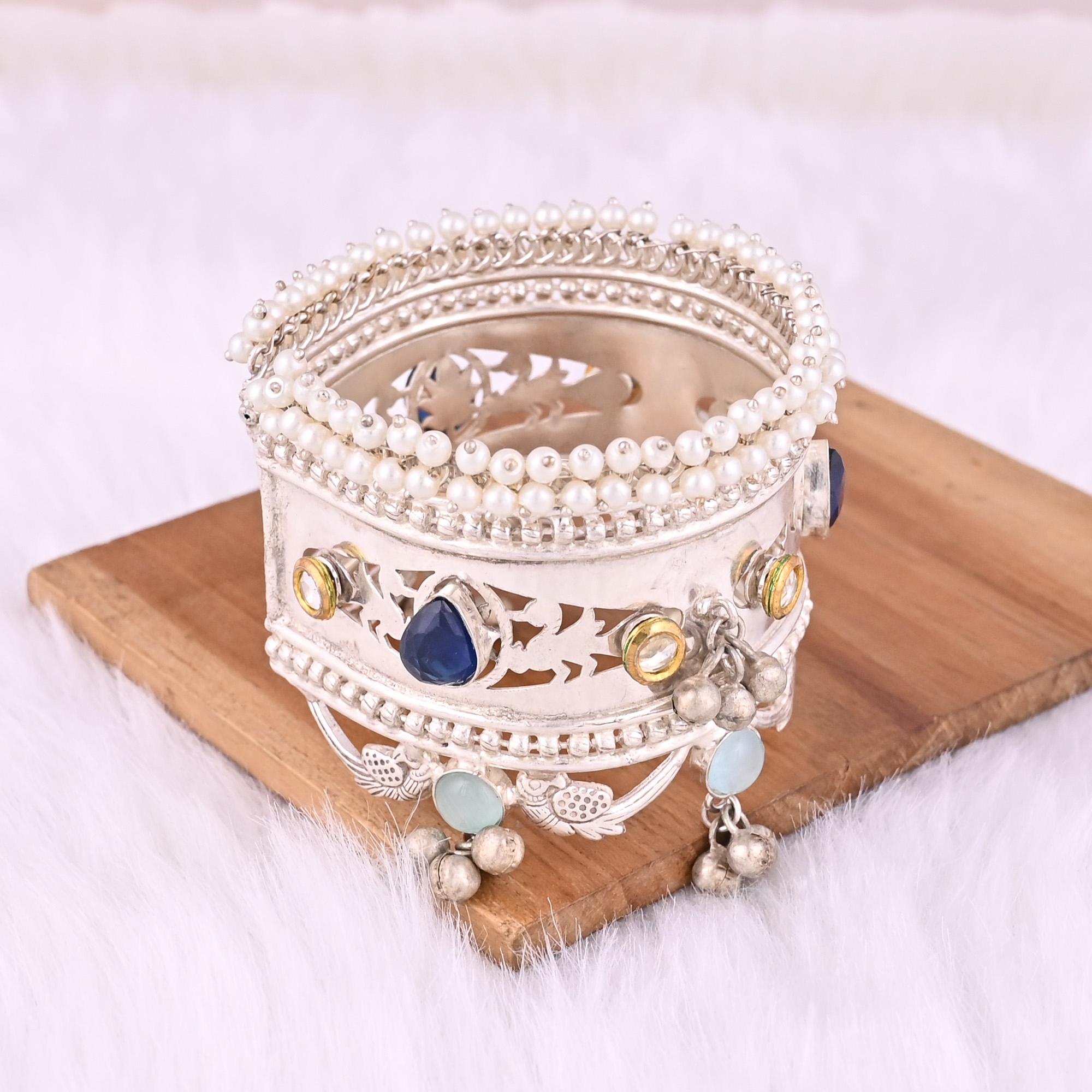 Blue Catseye Kundan Pearl Blue Hydro  Gemstone Ethnic Cuff Bracelet  German Silver Jewelry