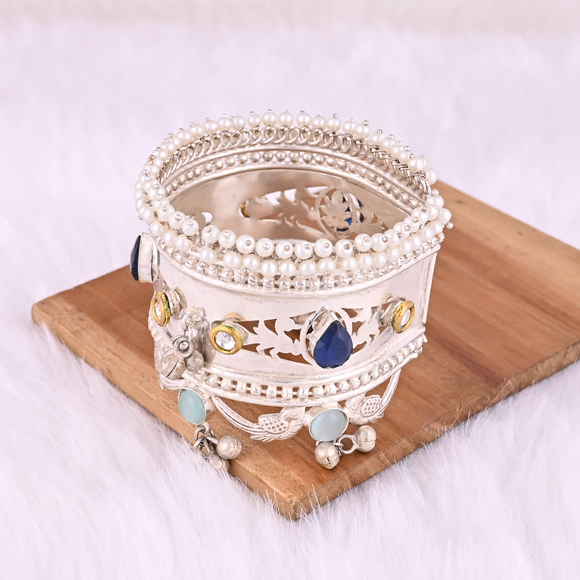 Blue Catseye Kundan Pearl Blue Hydro Gemstone Ethnic Cuff Bracelet German Silver Jewelry