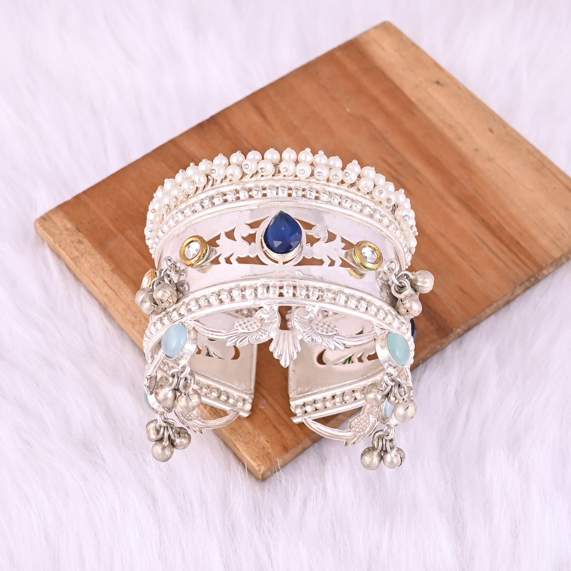 Blue Catseye Kundan Pearl Blue Hydro  Gemstone Ethnic Cuff Bracelet  German Silver Jewelry