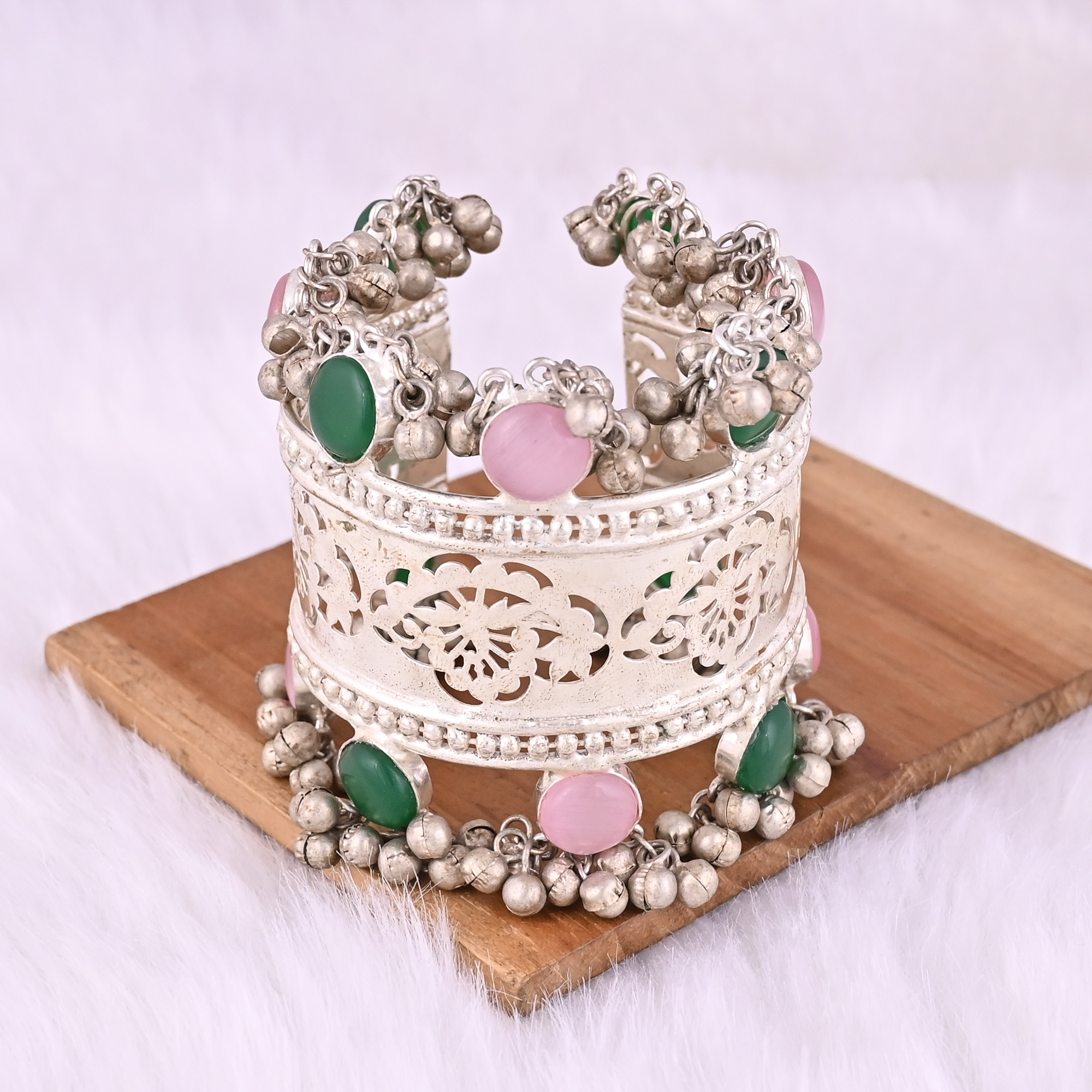 Green Onyx Pink Catseye Gemstone Ethnic Cuff Bracelet German Silver Jewelry