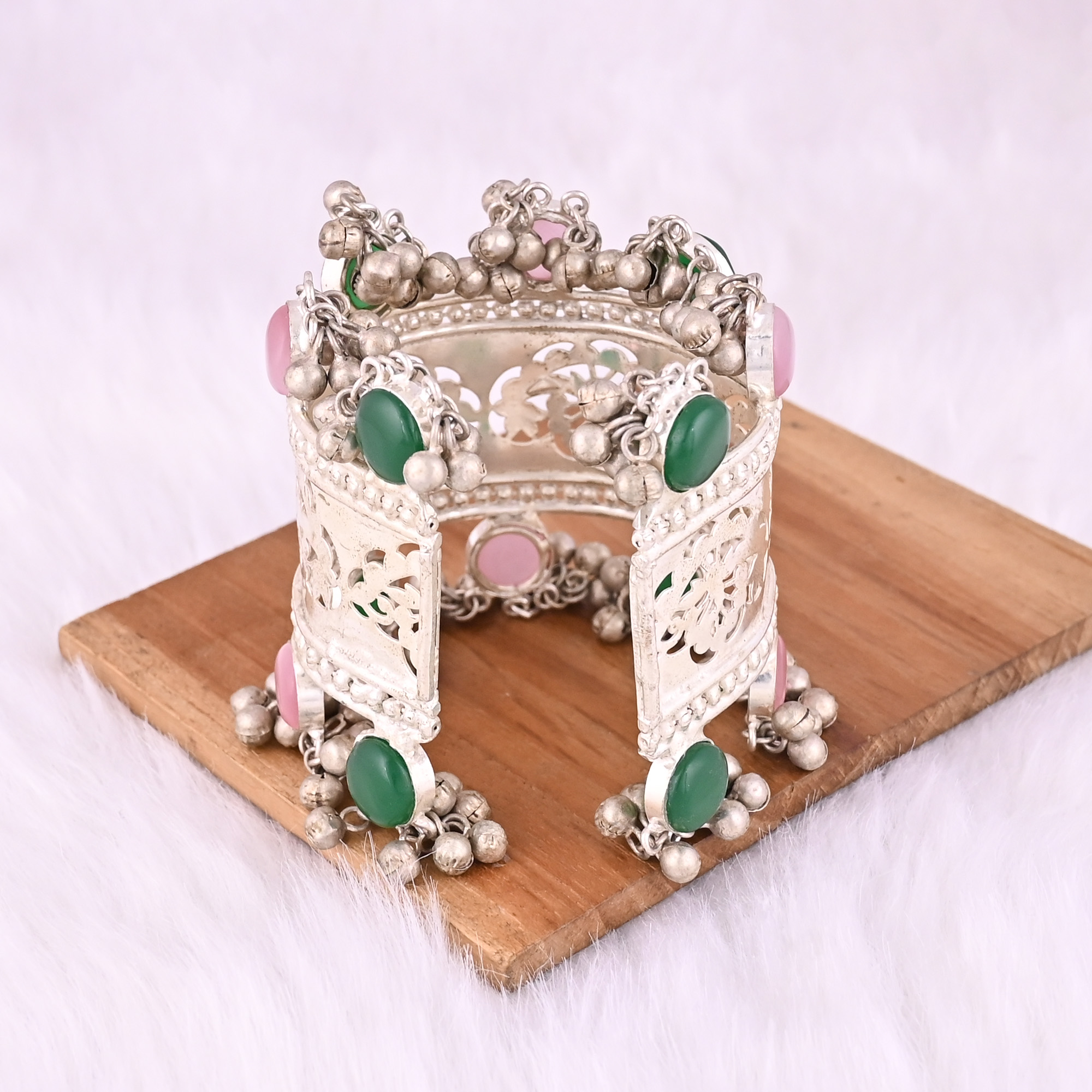 Green Onyx Pink Catseye Gemstone Ethnic Cuff Bracelet German Silver Jewelry