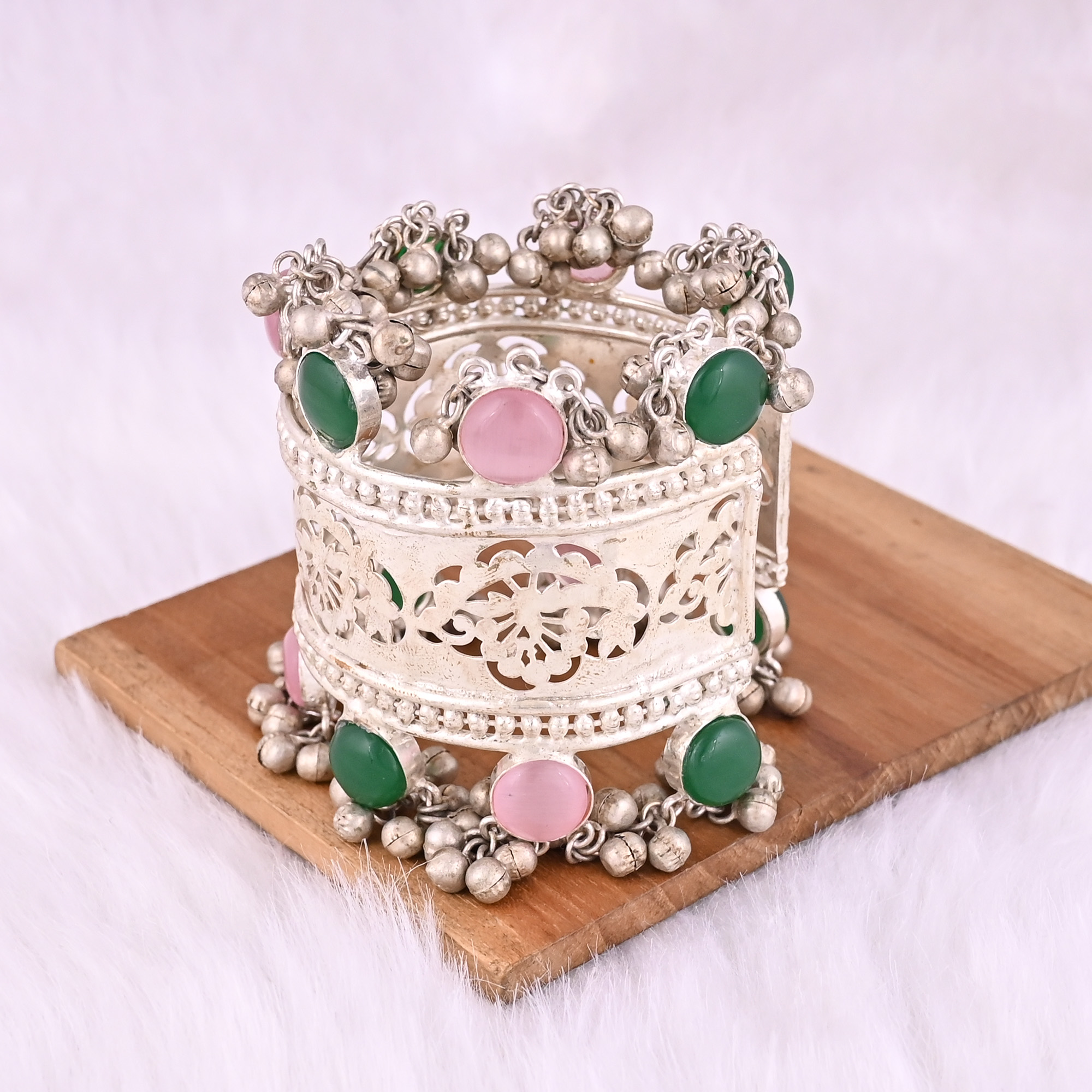 Green Onyx Pink Catseye Gemstone Ethnic Cuff Bracelet German Silver Jewelry