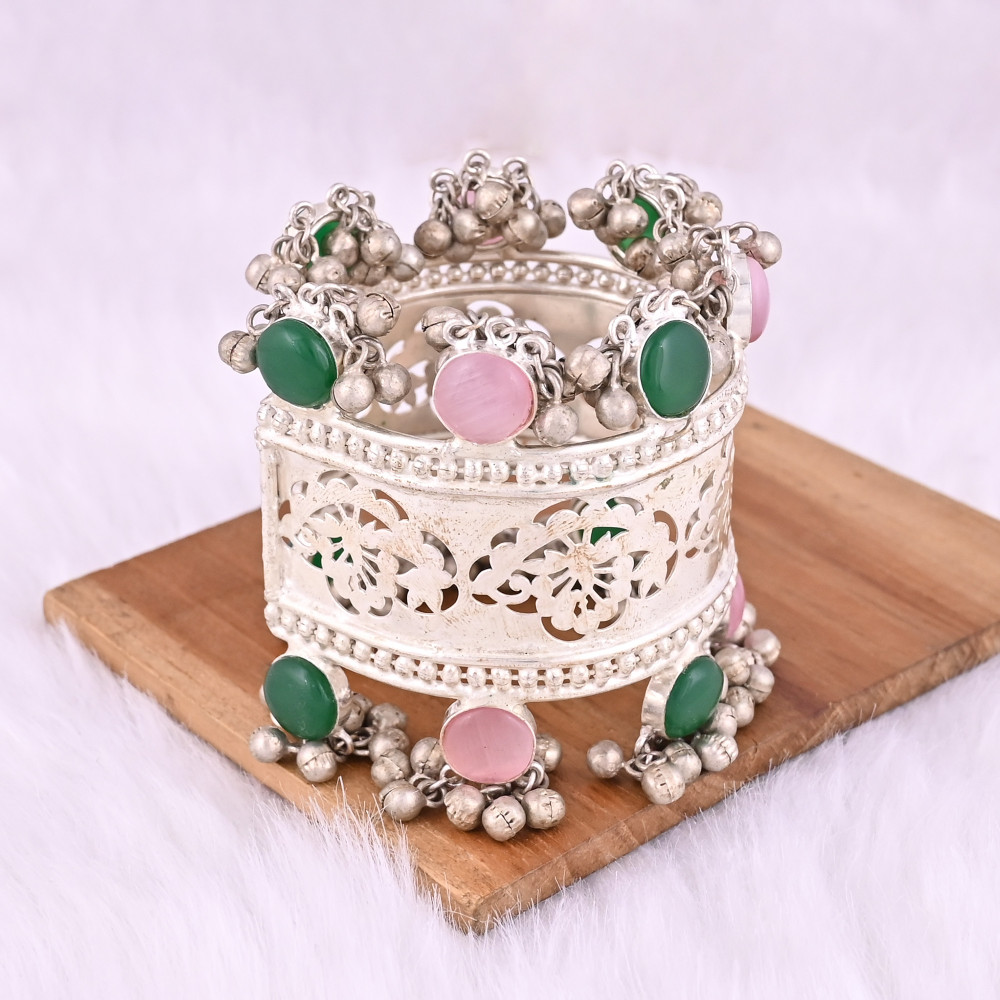 Image of Green Onyx, Pink Cat'seye Gemstone Ethnic Cuff Bracelet | German Silver Jewelry