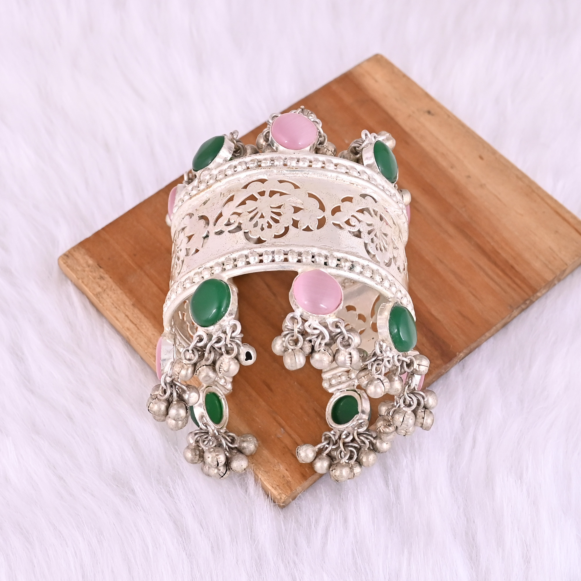 Green Onyx Pink Catseye Gemstone Ethnic Cuff Bracelet  German Silver Jewelry