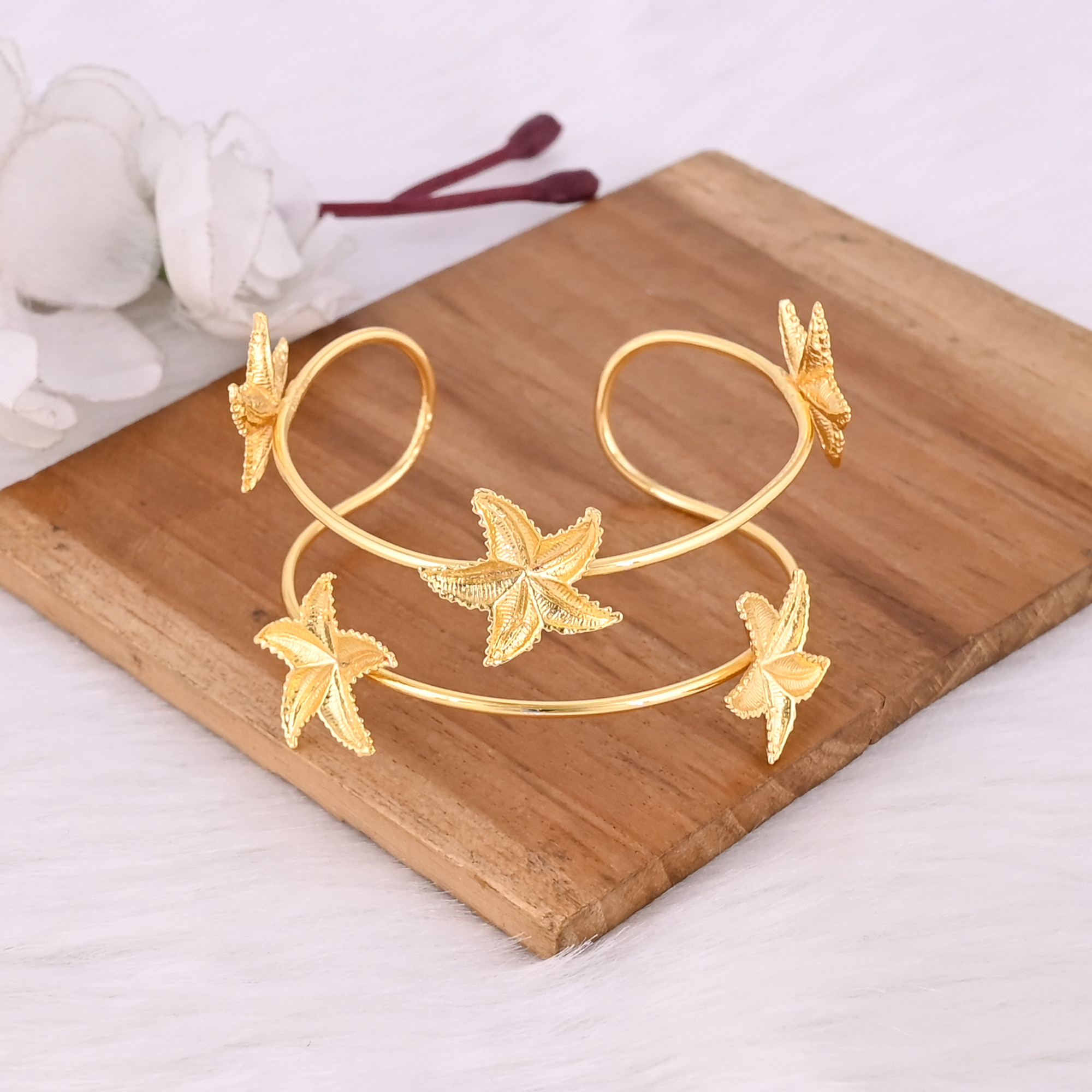 Yellow Gold Plated Brass Adjustable Cuff bangle Bracelet Handmade Star Charm Jewelry