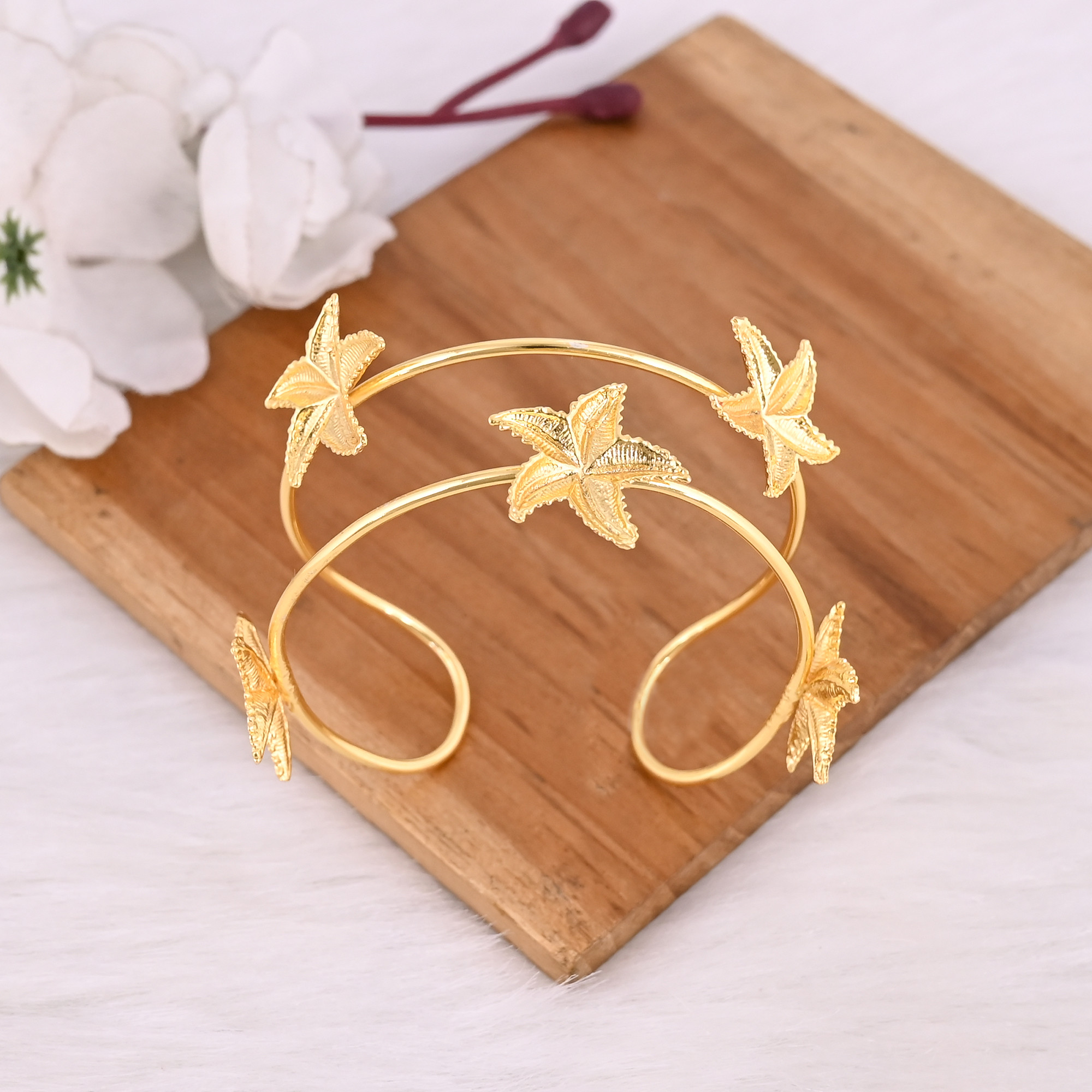 Yellow Gold Plated Brass Adjustable Cuff bangle Bracelet Handmade Star Charm Jewelry